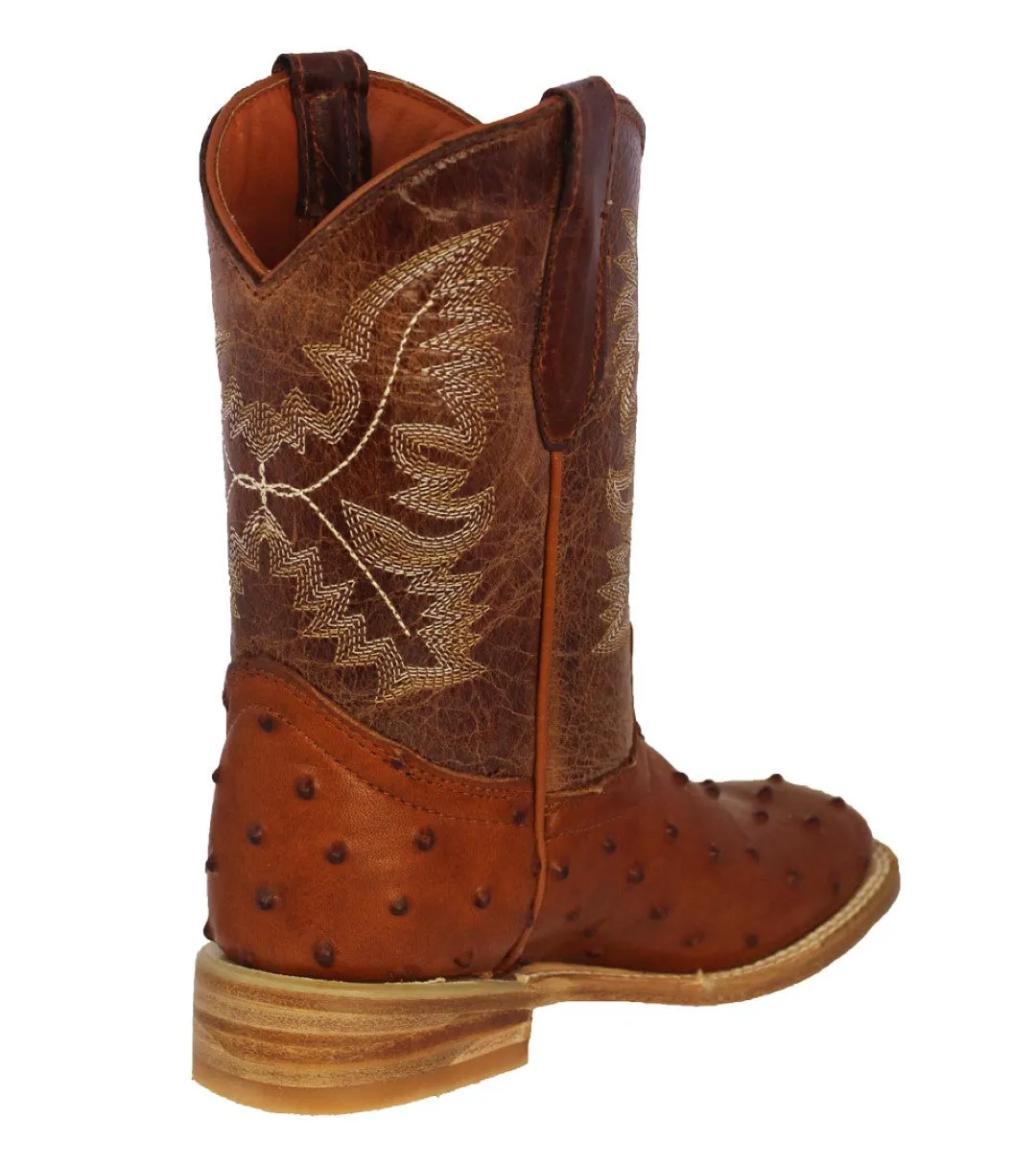 Kids Toddler Cognac Ostrich Quill Print Cowboy Boots - Square Toe