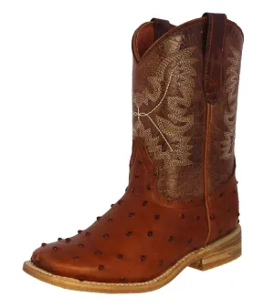 Kids Toddler Cognac Ostrich Quill Print Cowboy Boots - Square Toe