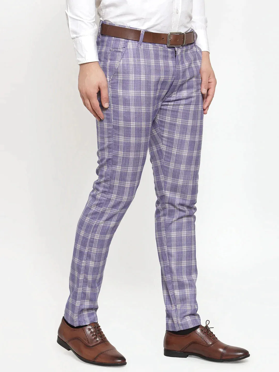 Men'S Blue Checked Formal Trousers