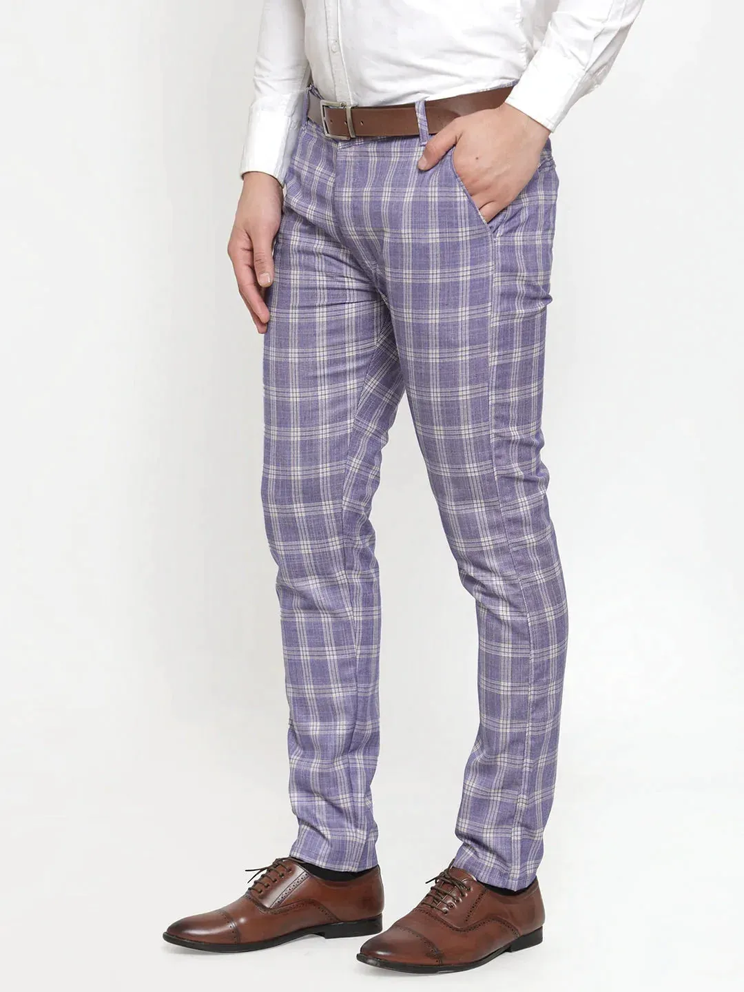 Men'S Blue Checked Formal Trousers