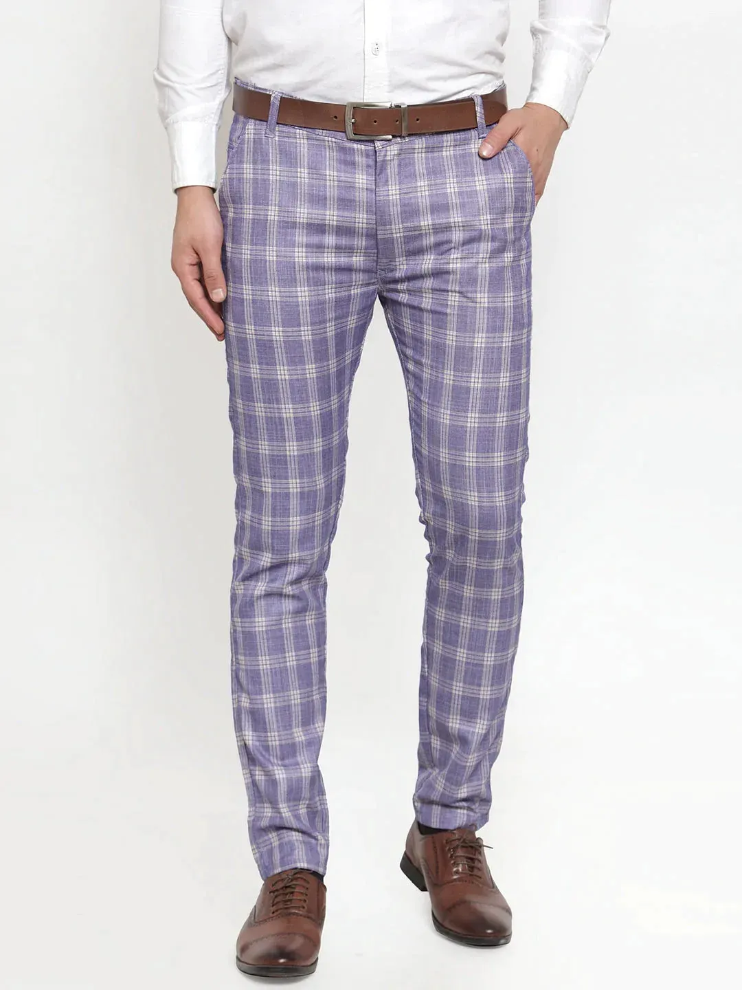 Men'S Blue Checked Formal Trousers