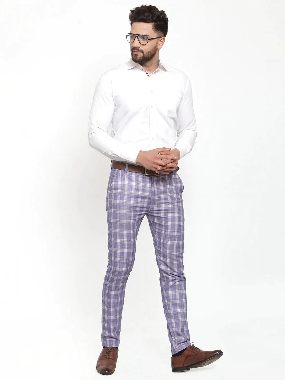 Men'S Blue Checked Formal Trousers