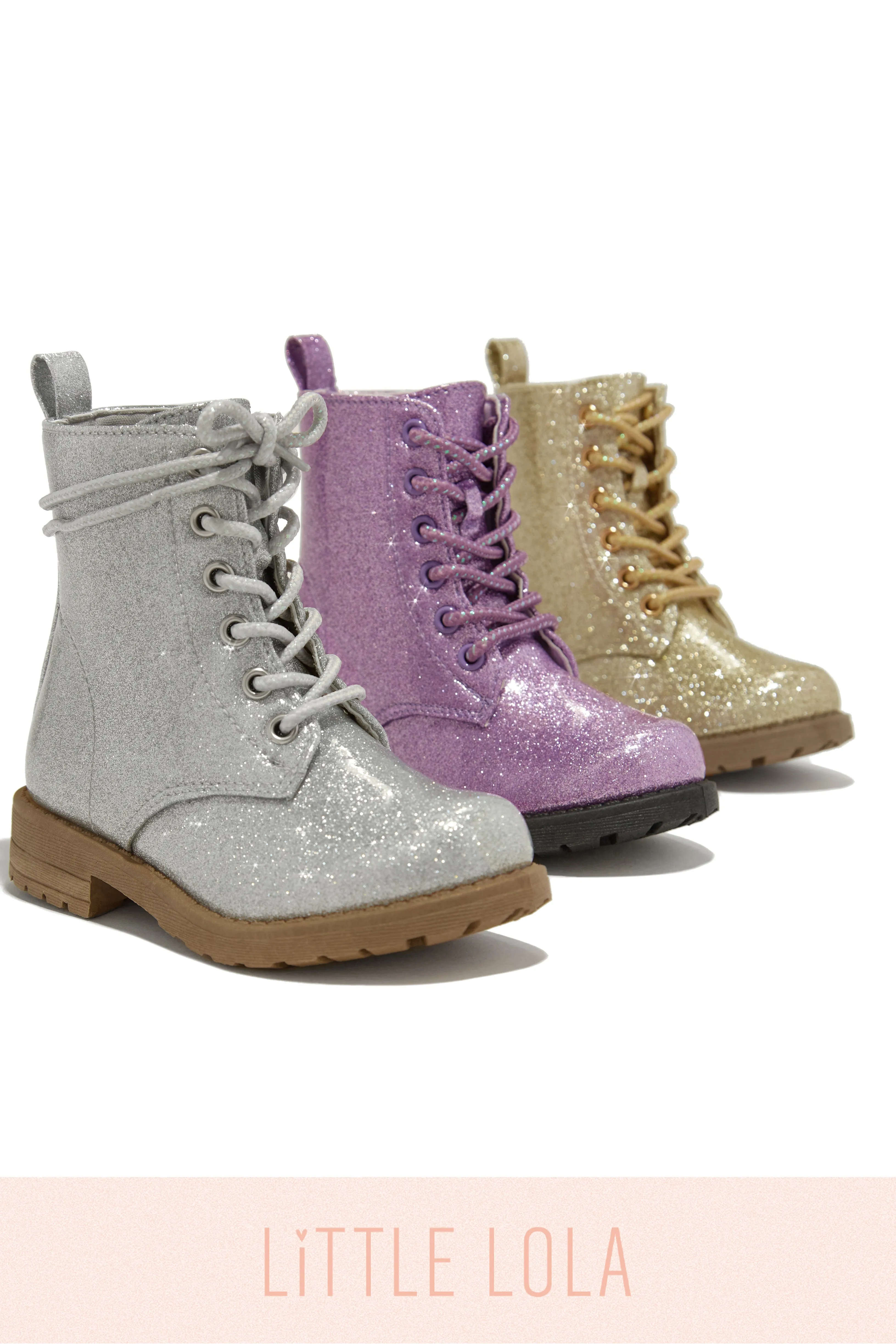 Mini Attitude Kids Glitter Lace Up Combat Boots - Silver