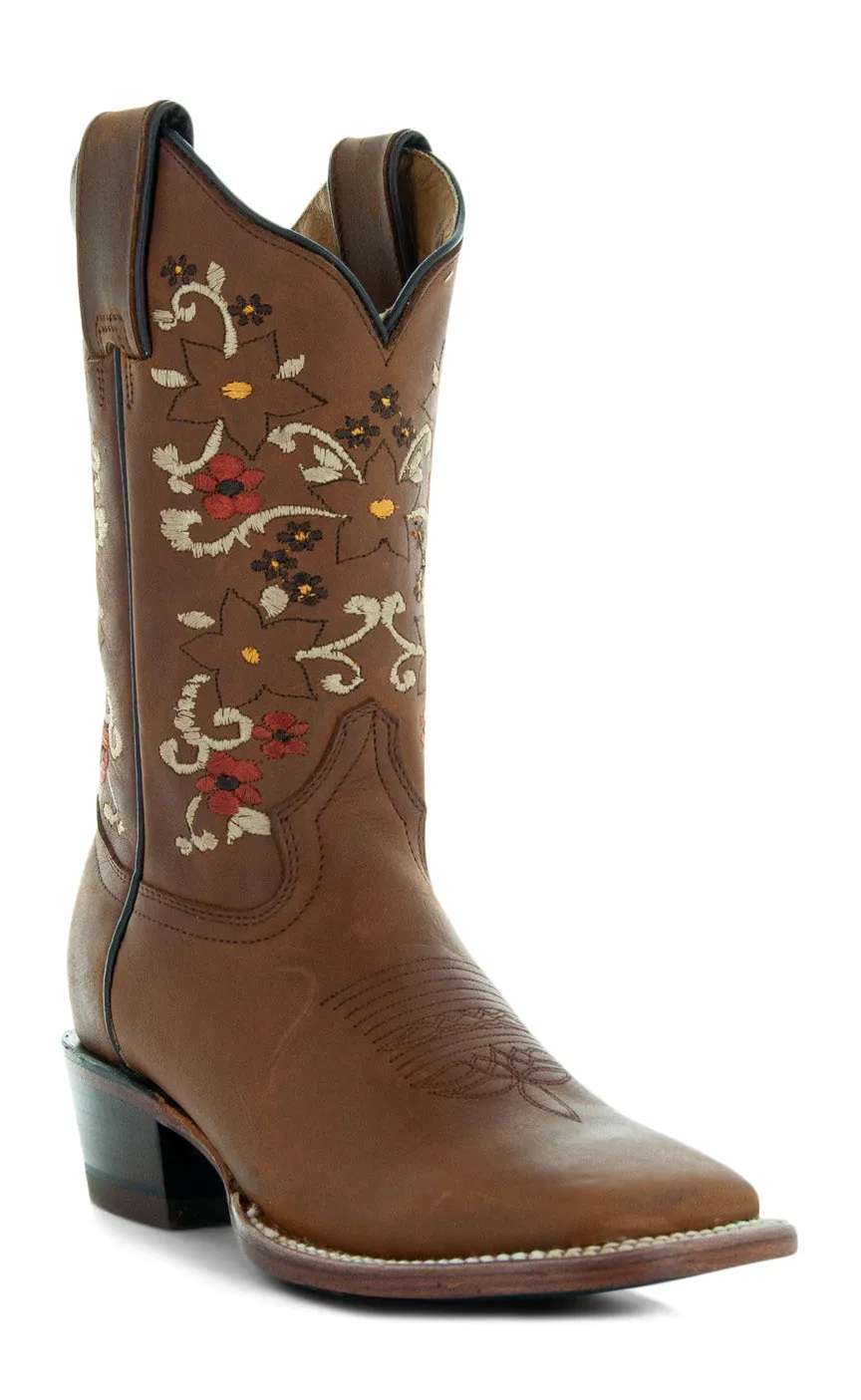 Soto Boots Tan Embroidered Floral Square Toe Cowgirl Boots M4006