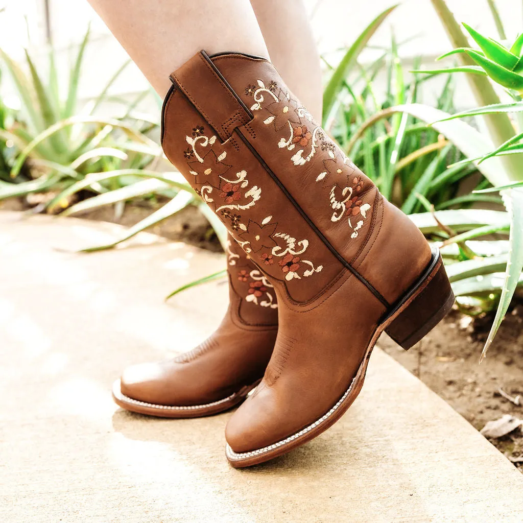 Soto Boots Tan Embroidered Floral Square Toe Cowgirl Boots M4006