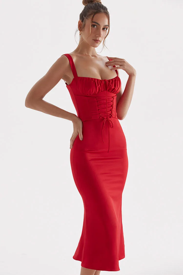 Tie Neck Lace Up Satin Corset Cocktail Party Midi Dress - Red