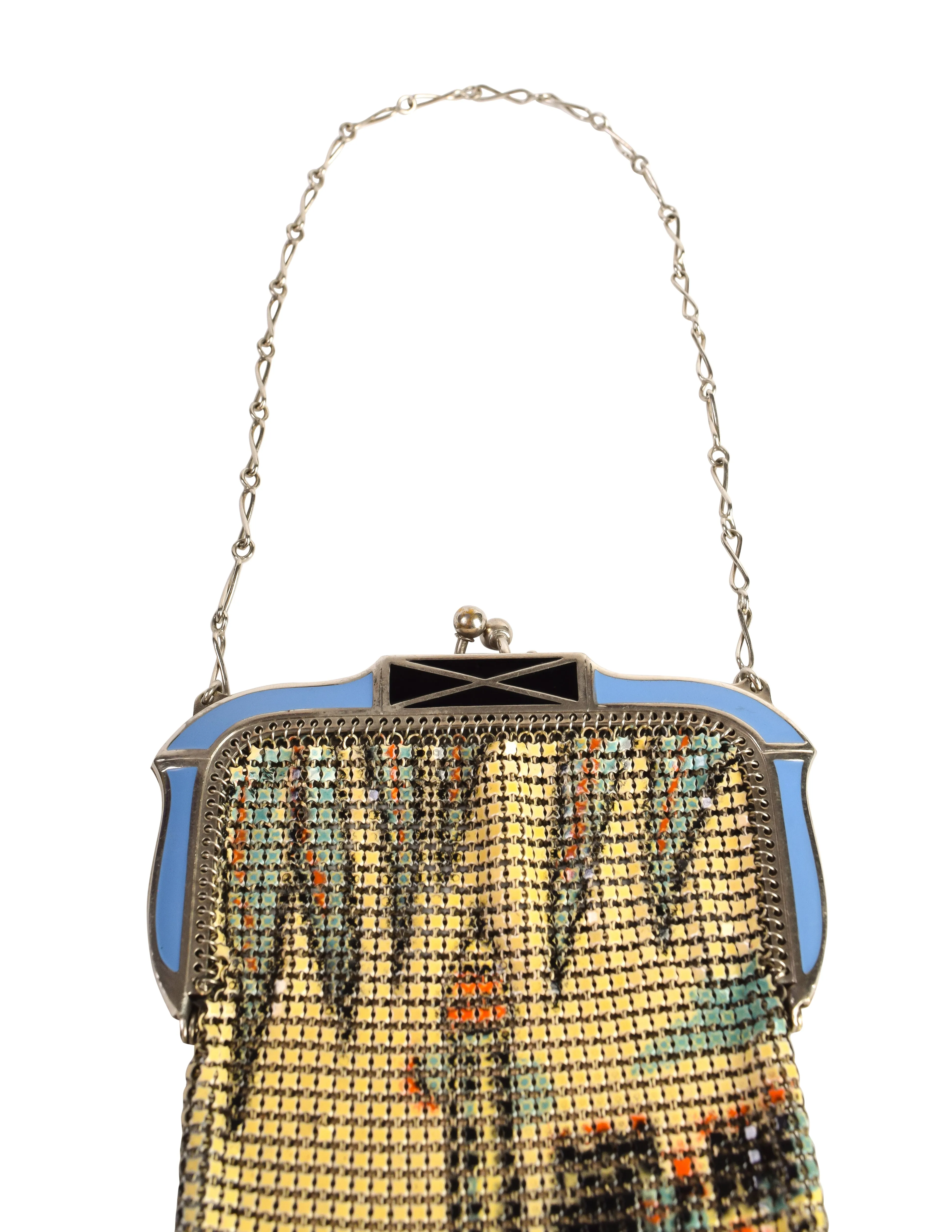 Whiting and Davis Vintage Lighthouse Blue Cream Deco Painted Enamel Metal Mesh Mini Handbag