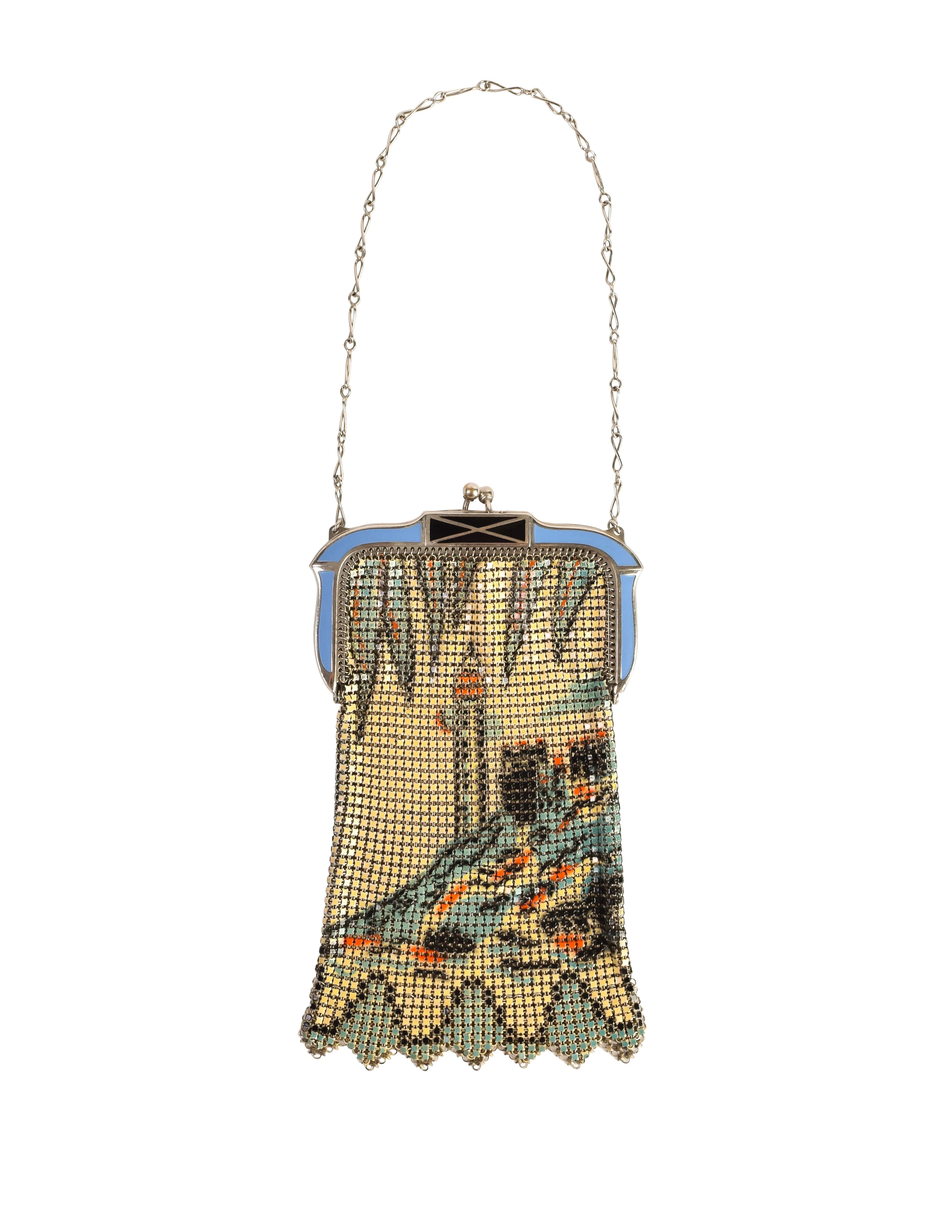 Whiting and Davis Vintage Lighthouse Blue Cream Deco Painted Enamel Metal Mesh Mini Handbag