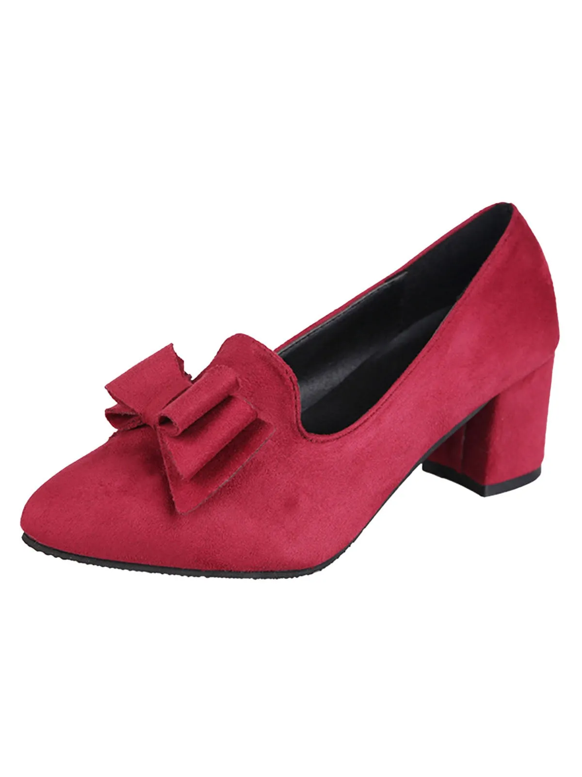 Wine Red Solid Bowknot Flannelette Heels