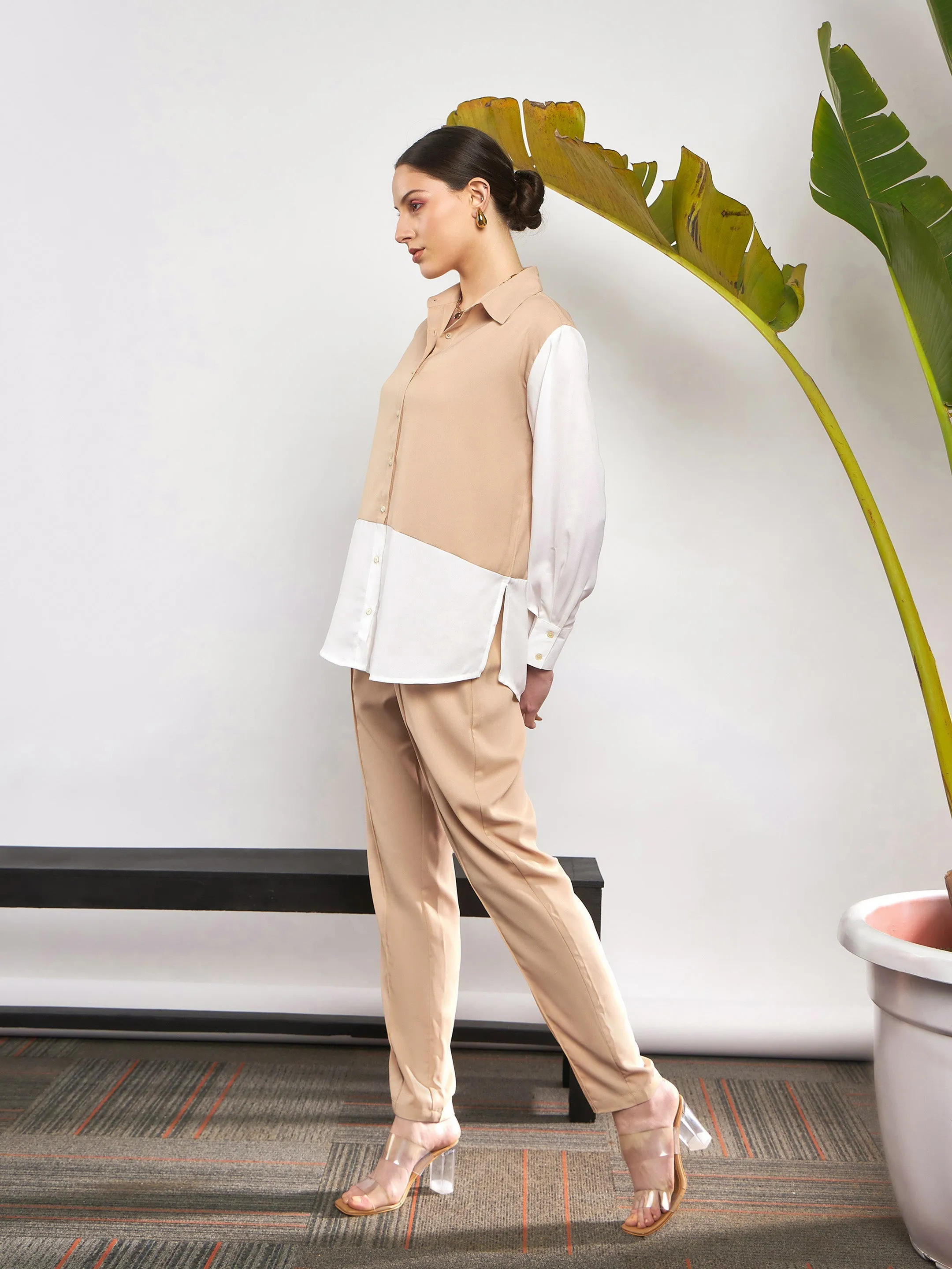 Women Beige & White Colorblock Shirt With Darted Pants