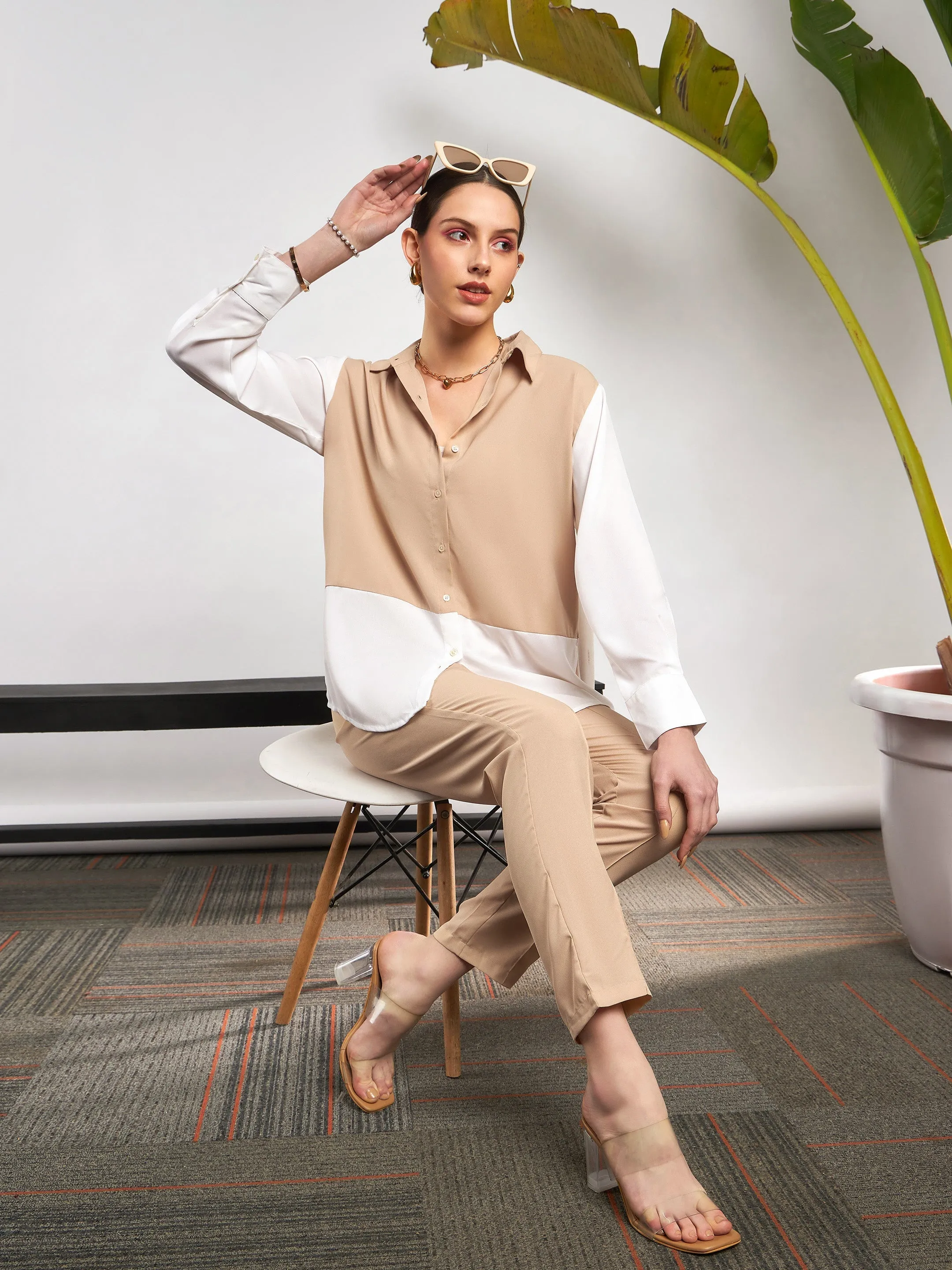 Women Beige & White Colorblock Shirt With Darted Pants