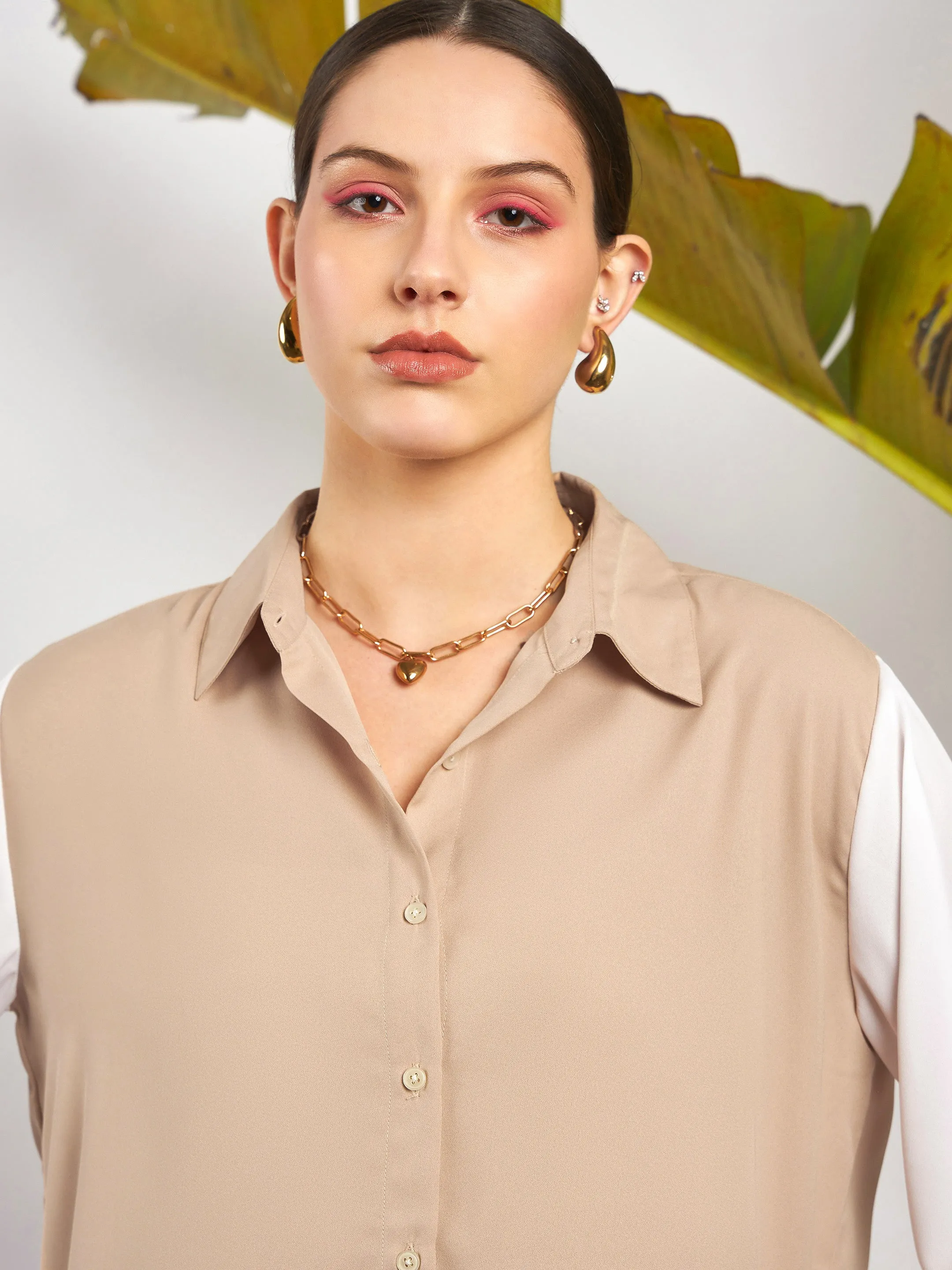 Women Beige & White Colorblock Shirt With Darted Pants