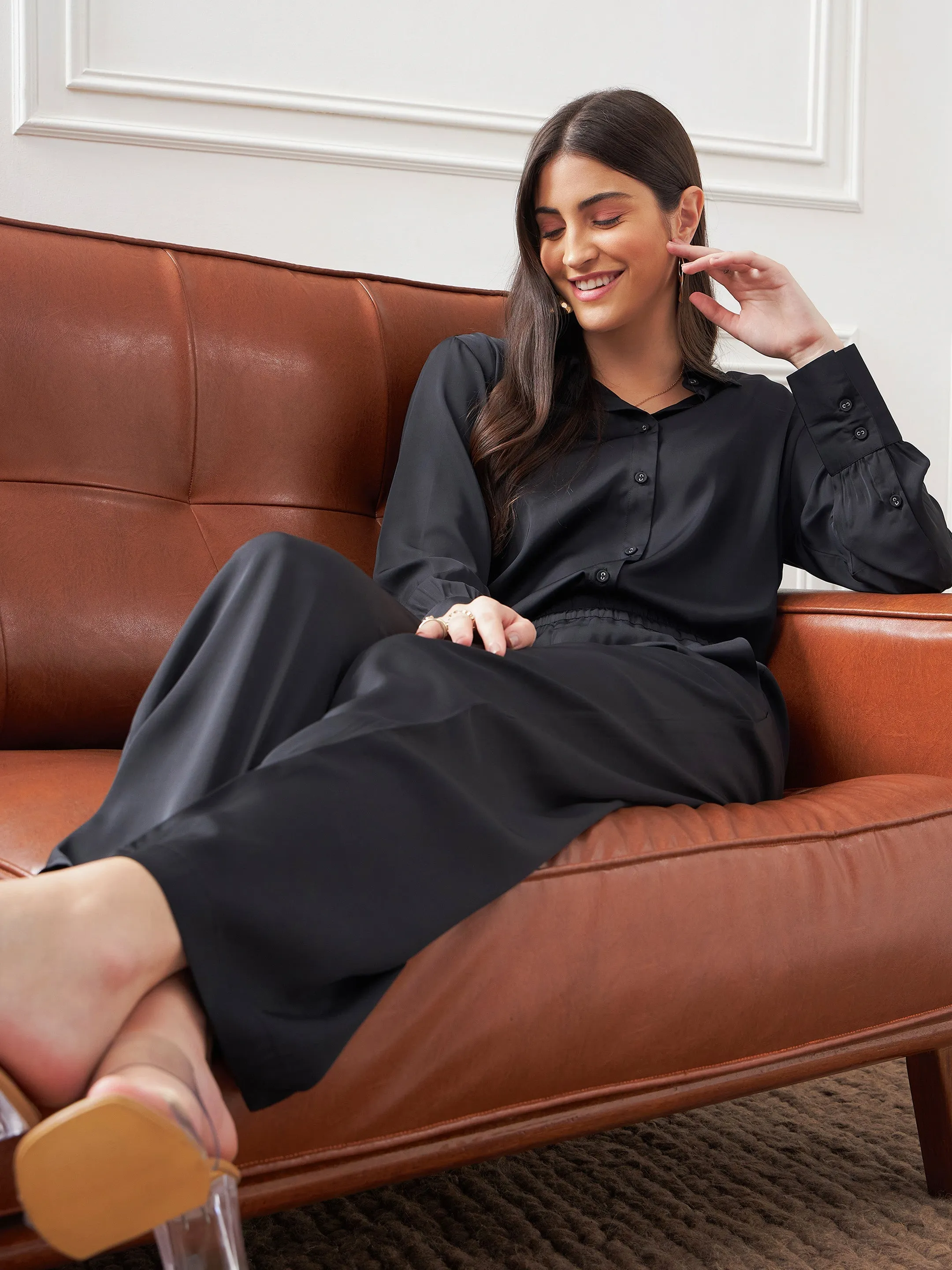 Women Black Satin Shirt With Lounge Pants