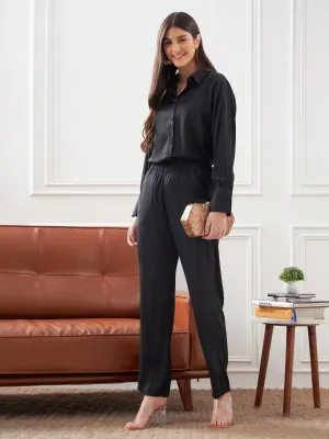 Women Black Satin Shirt With Lounge Pants