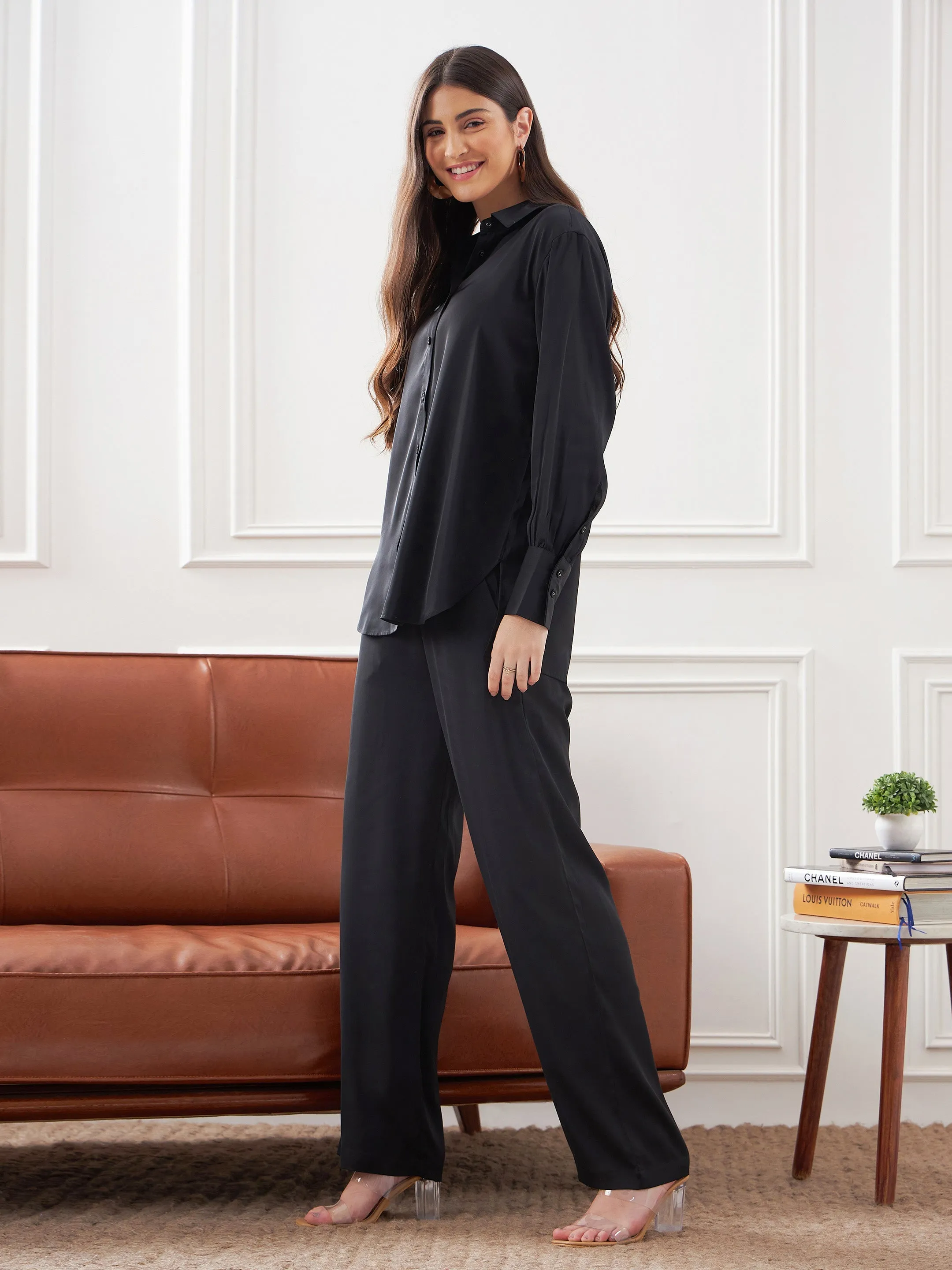 Women Black Satin Shirt With Lounge Pants