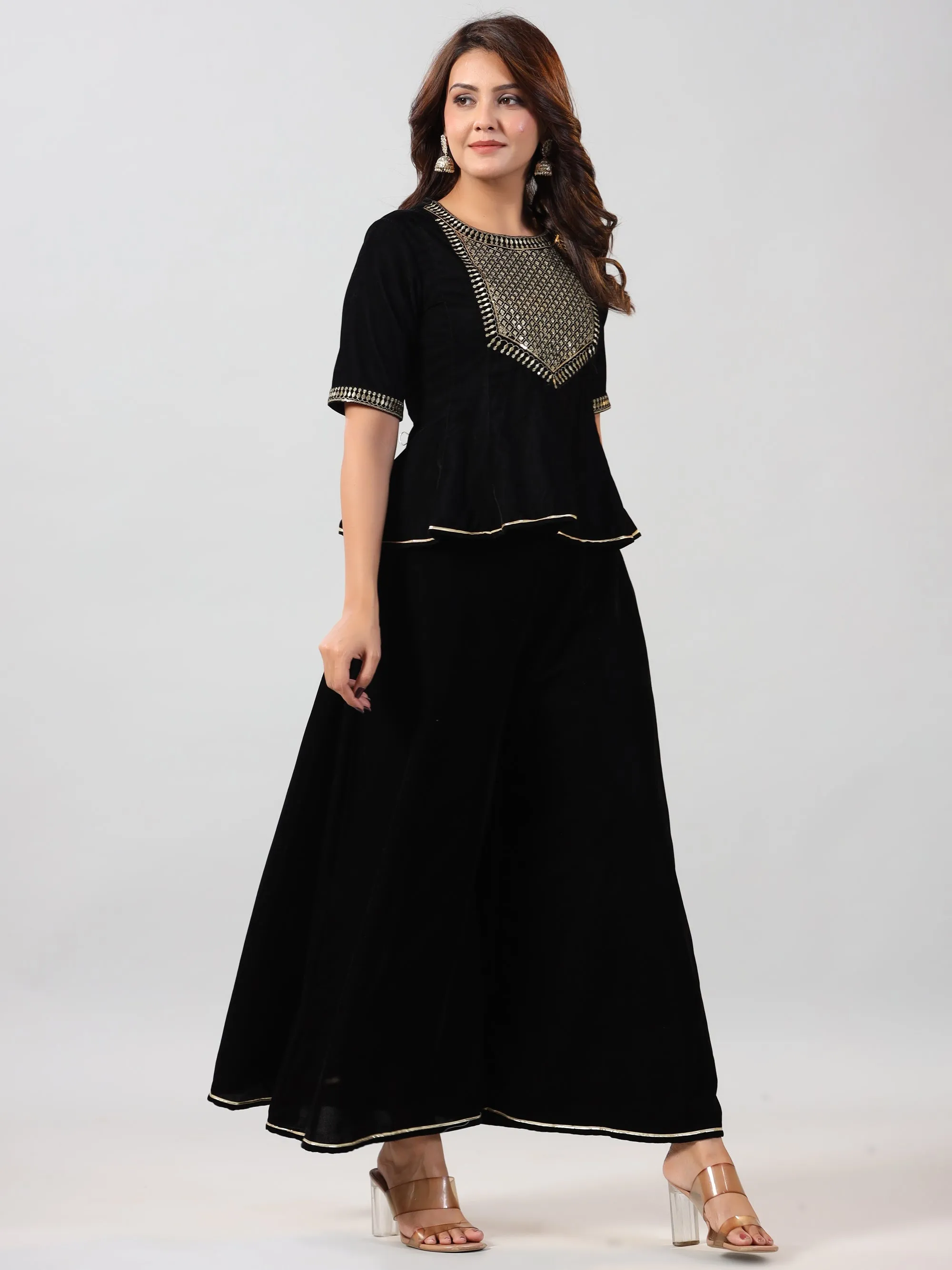 Women Black Velvet Embroidered Clothing Set