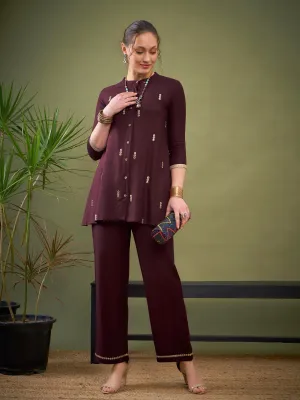 Women Burgundy Rayon Mirror Embroidered Shirt With Palazzos