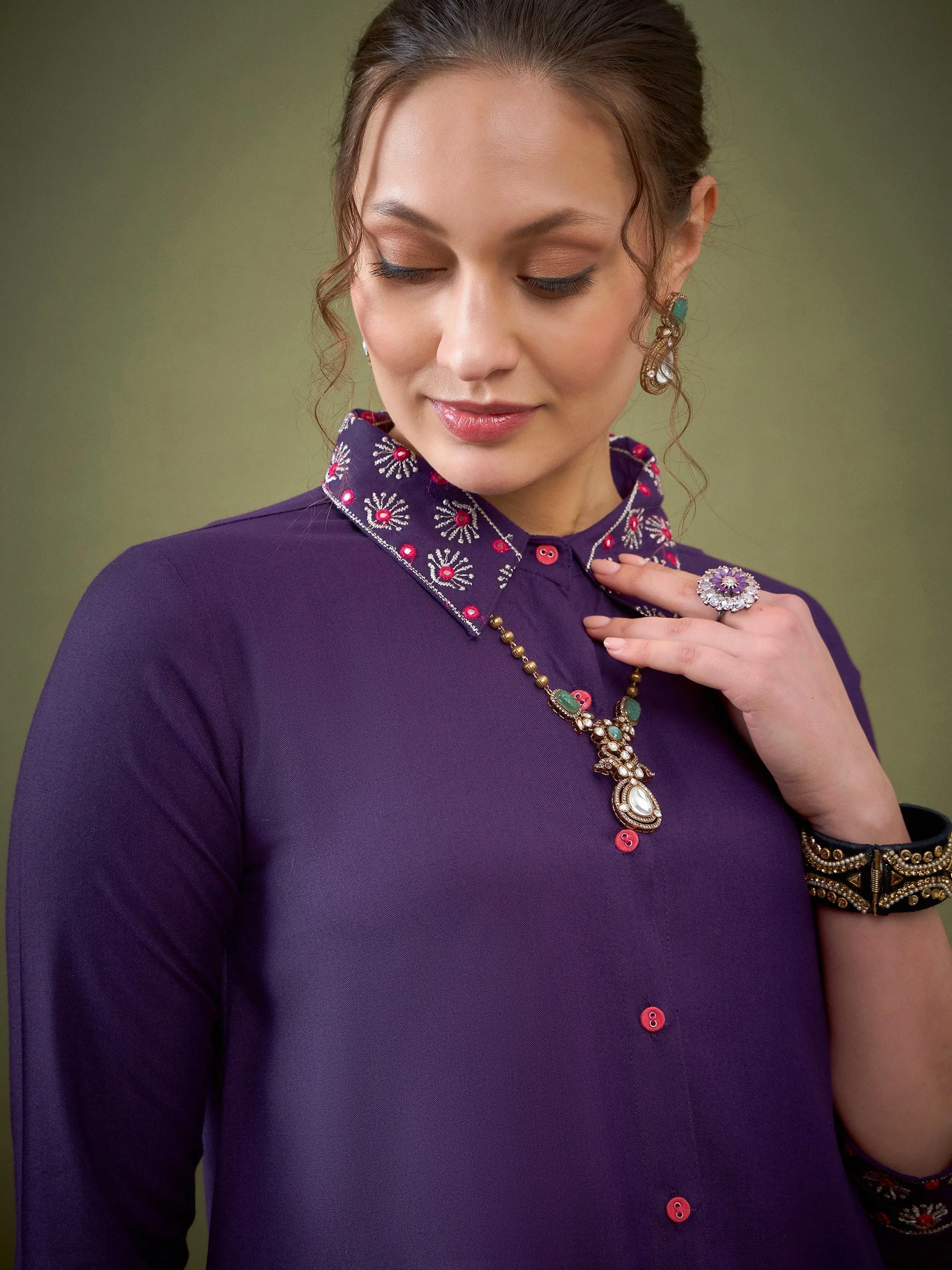 Women Dark Purple Sleeves & Collar Embroidered Shirt With Cuff Pants