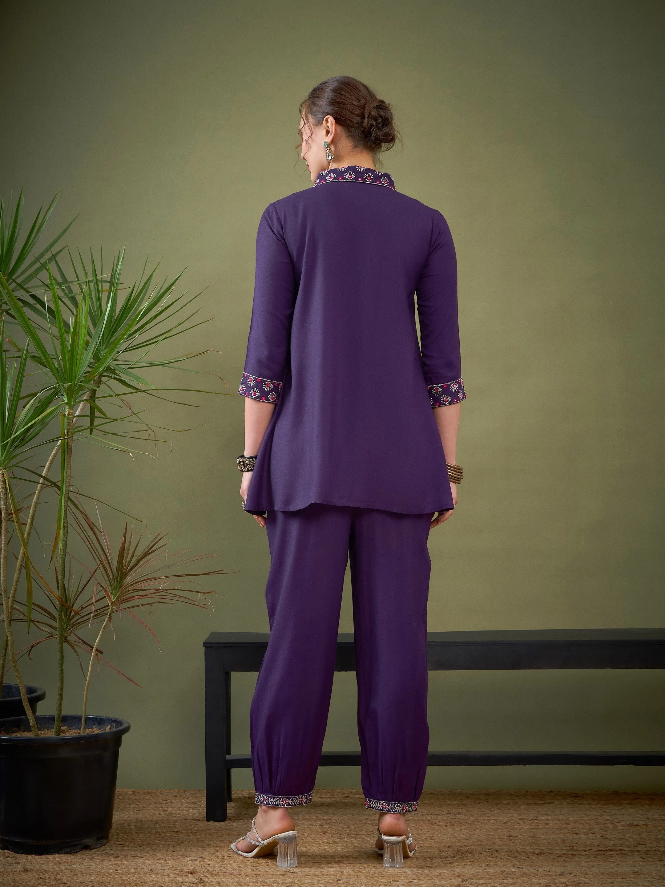 Women Dark Purple Sleeves & Collar Embroidered Shirt With Cuff Pants