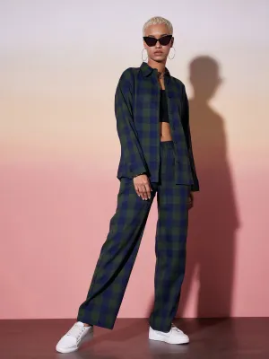 Women Green & Navy Check Shirt With Lounge Pants