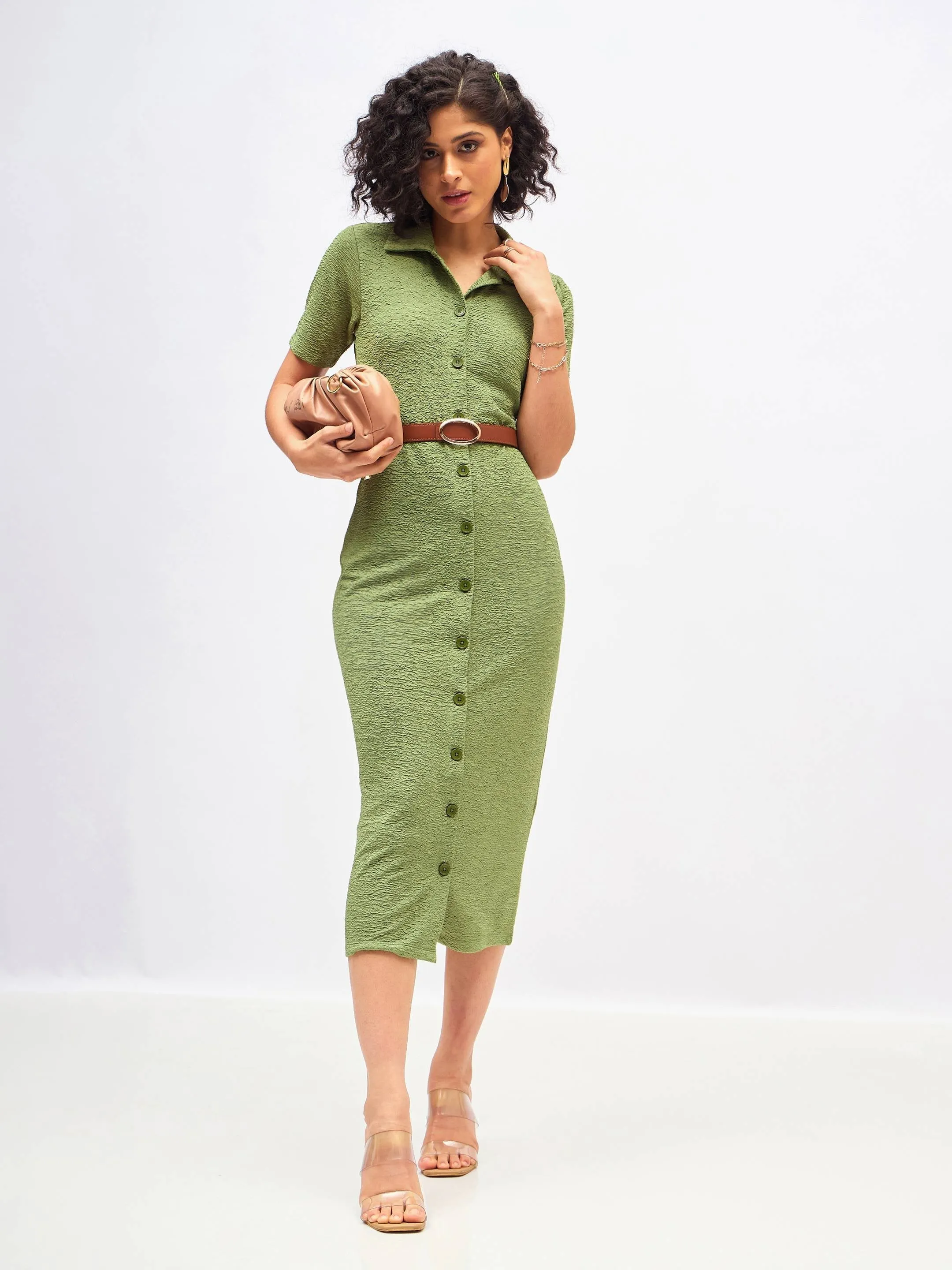 Women Green Knitted Front Button Bodycon Midi Dress