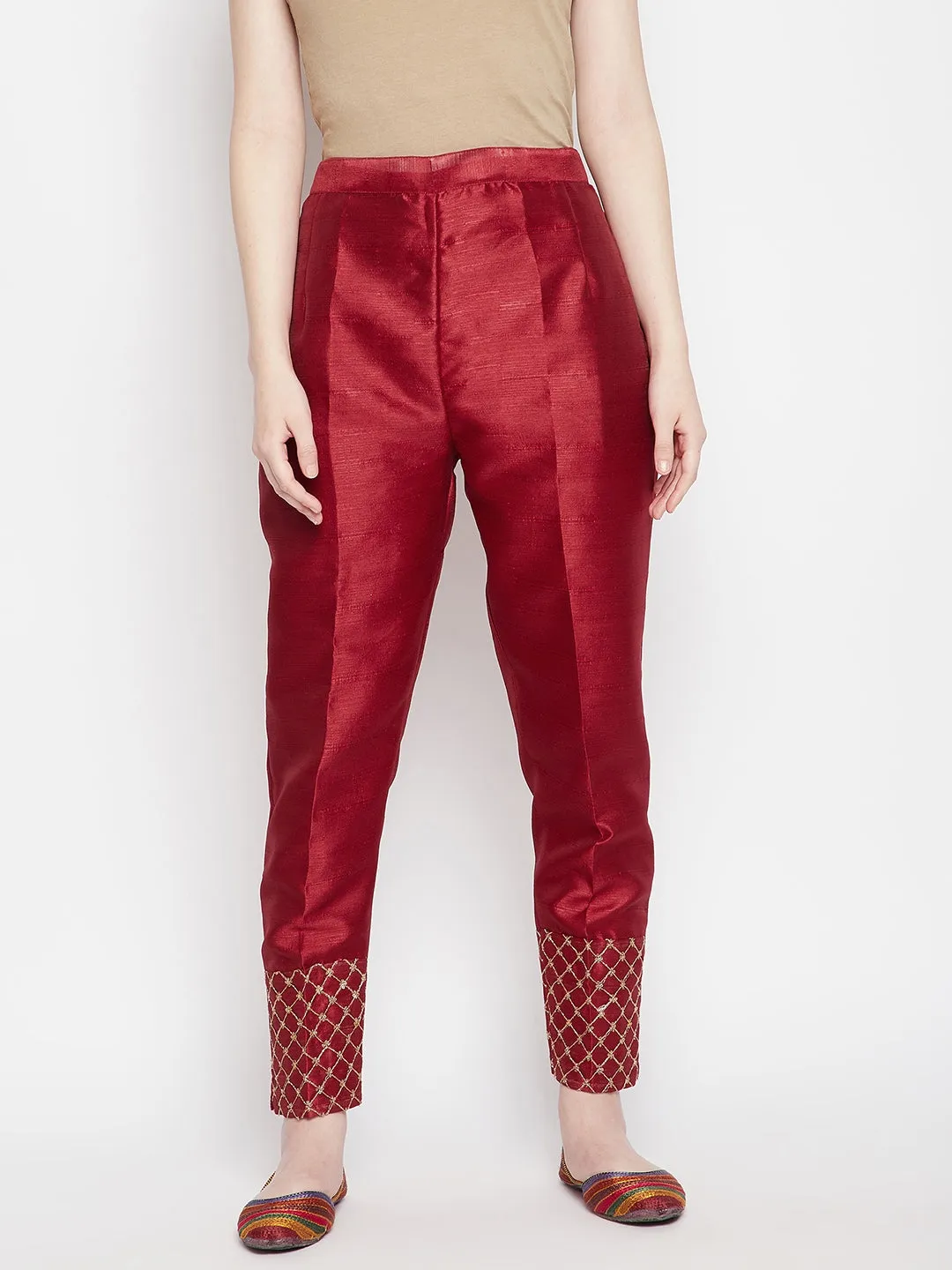 Women Maroon Hem Design Silk Trouser