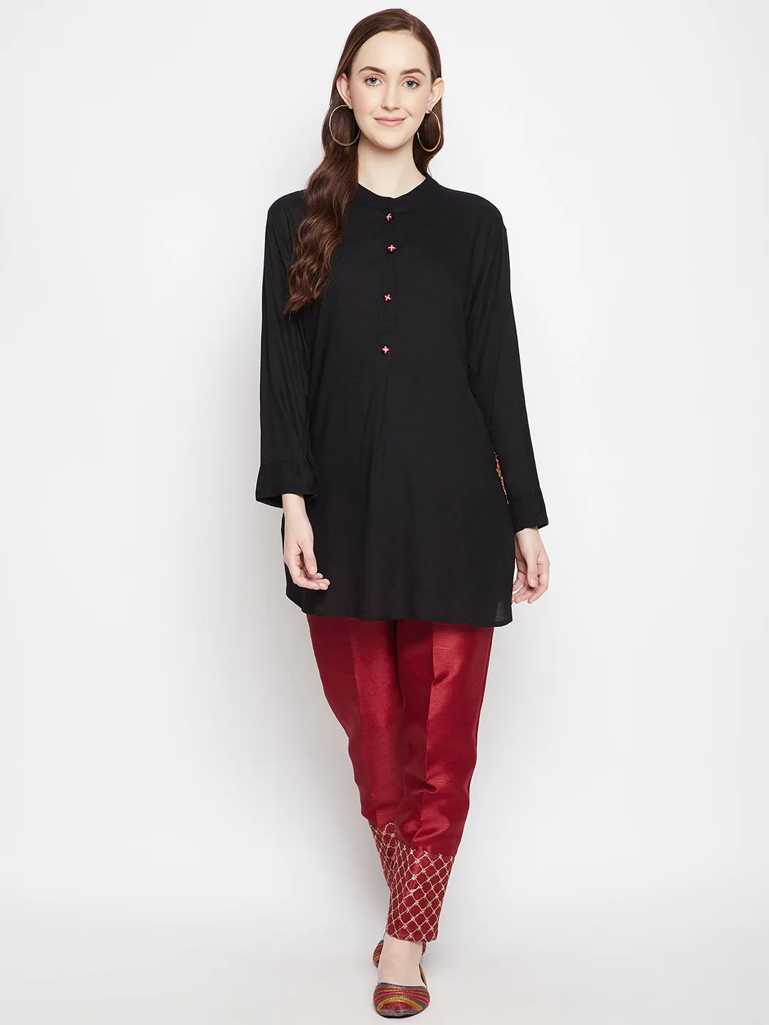 Women Maroon Hem Design Silk Trouser