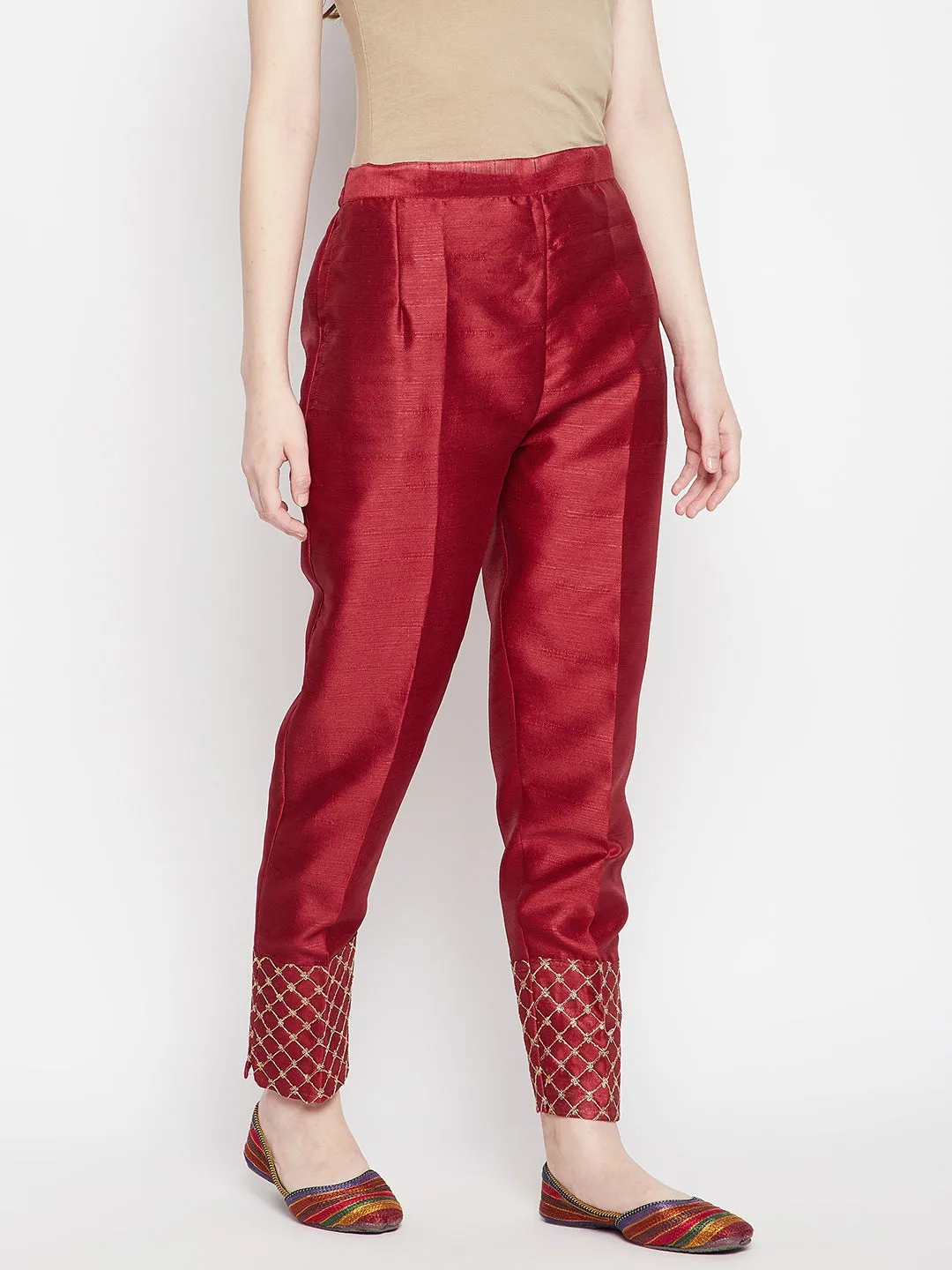 Women Maroon Hem Design Silk Trouser