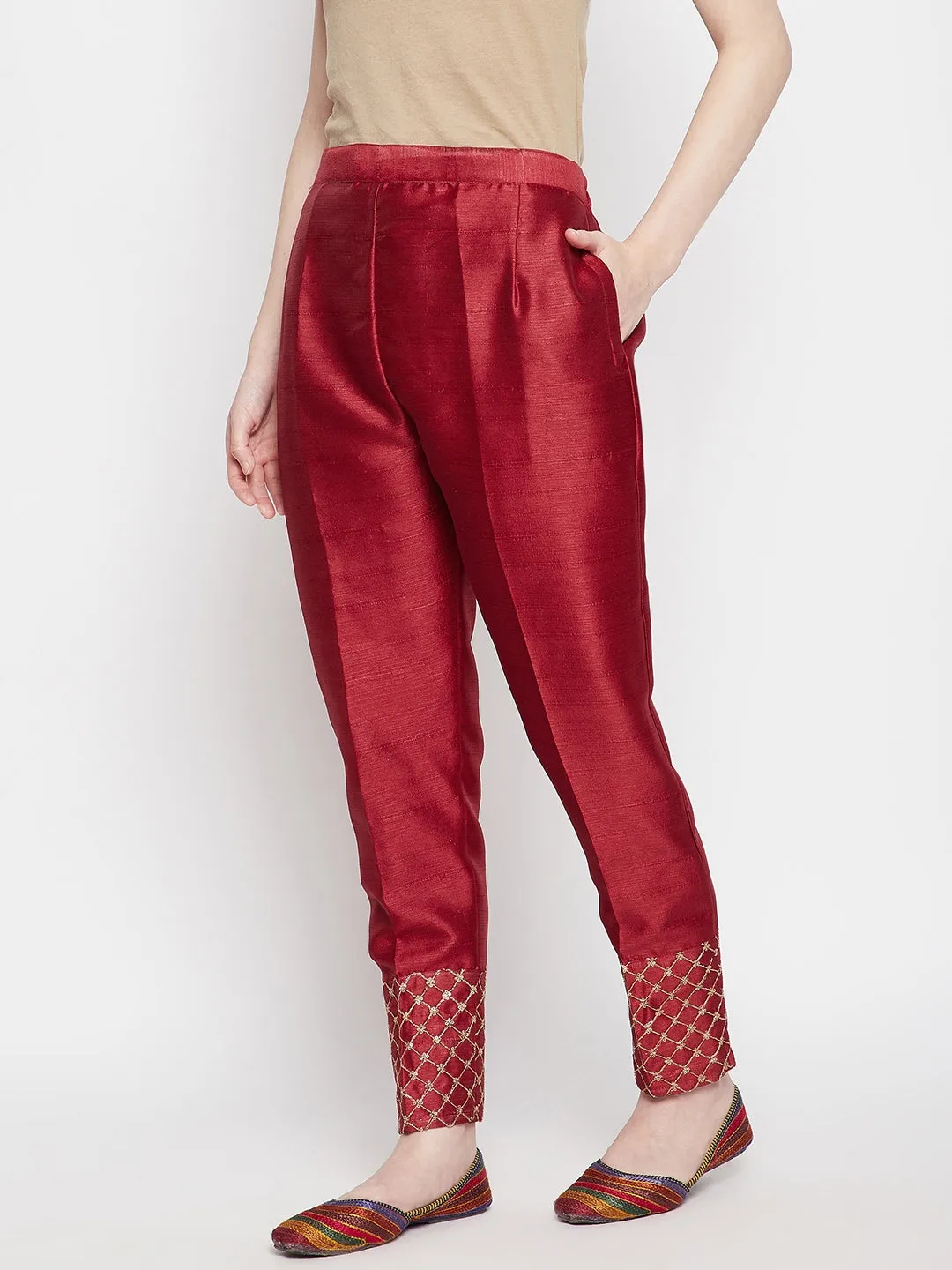 Women Maroon Hem Design Silk Trouser