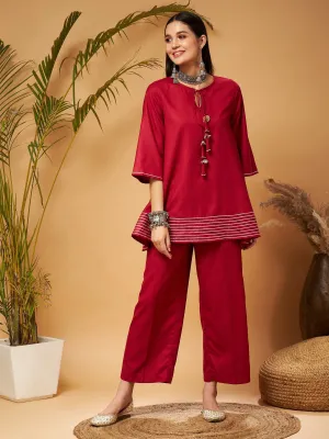 Women Maroon Peplum Gota Lace Top With Palazzos