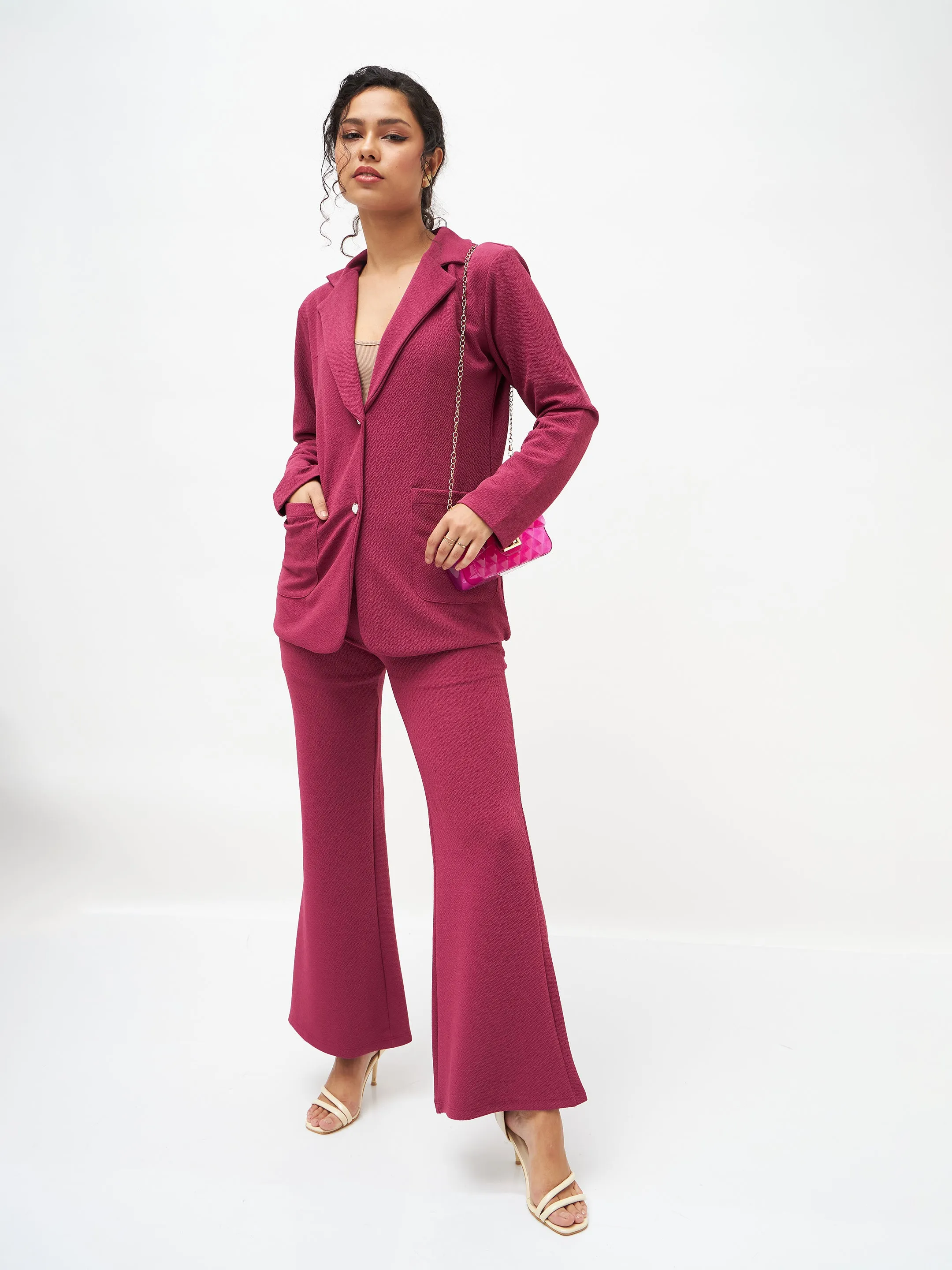 Women Mauve Slim Fit Blazer With Bellbottom Pants