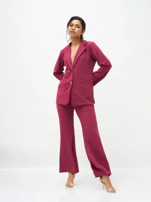 Women Mauve Slim Fit Blazer With Bellbottom Pants