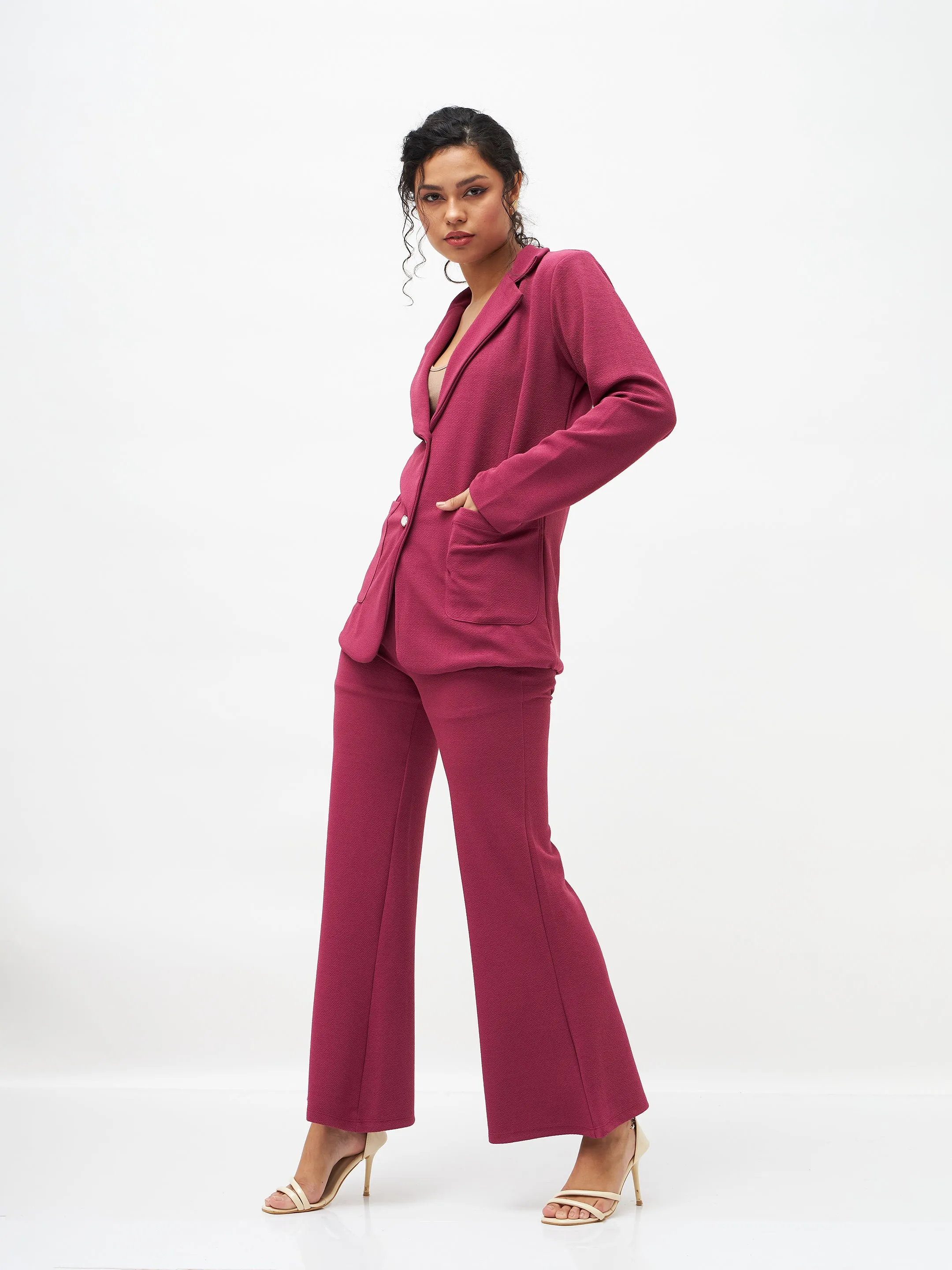 Women Mauve Slim Fit Blazer With Bellbottom Pants