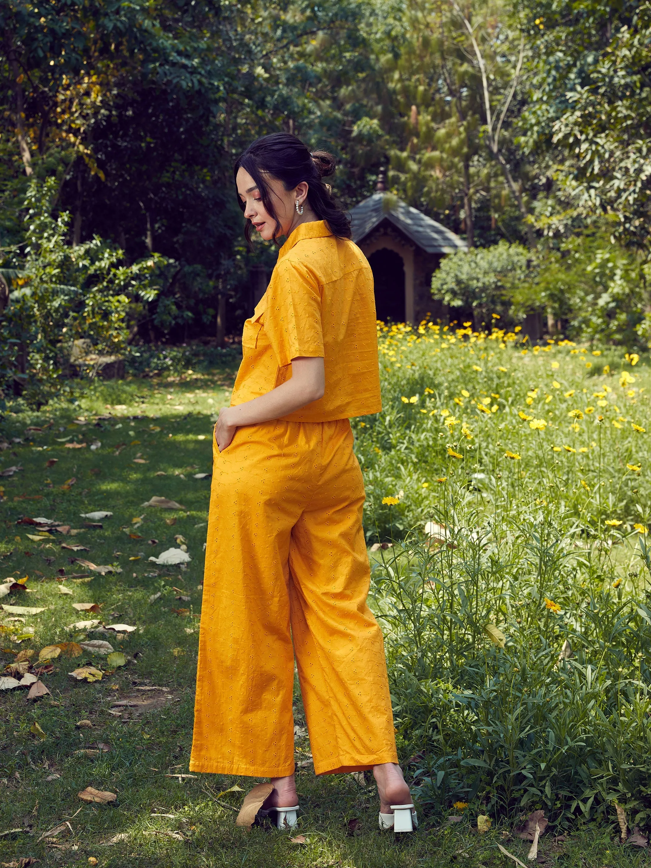 Women Mustard Schiffli Crop Shirt With Wide Leg Pants