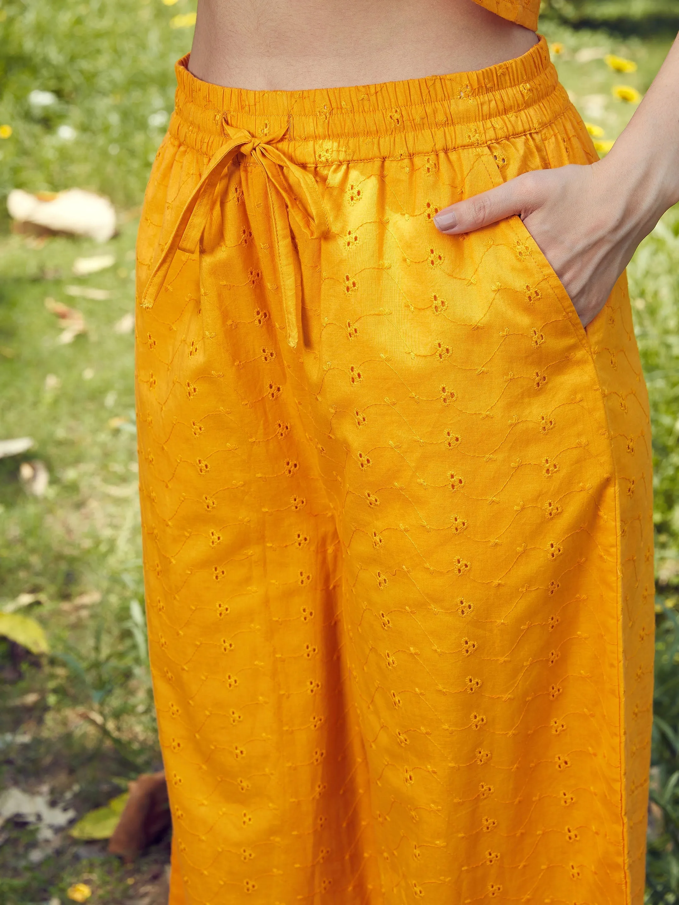 Women Mustard Schiffli Crop Shirt With Wide Leg Pants