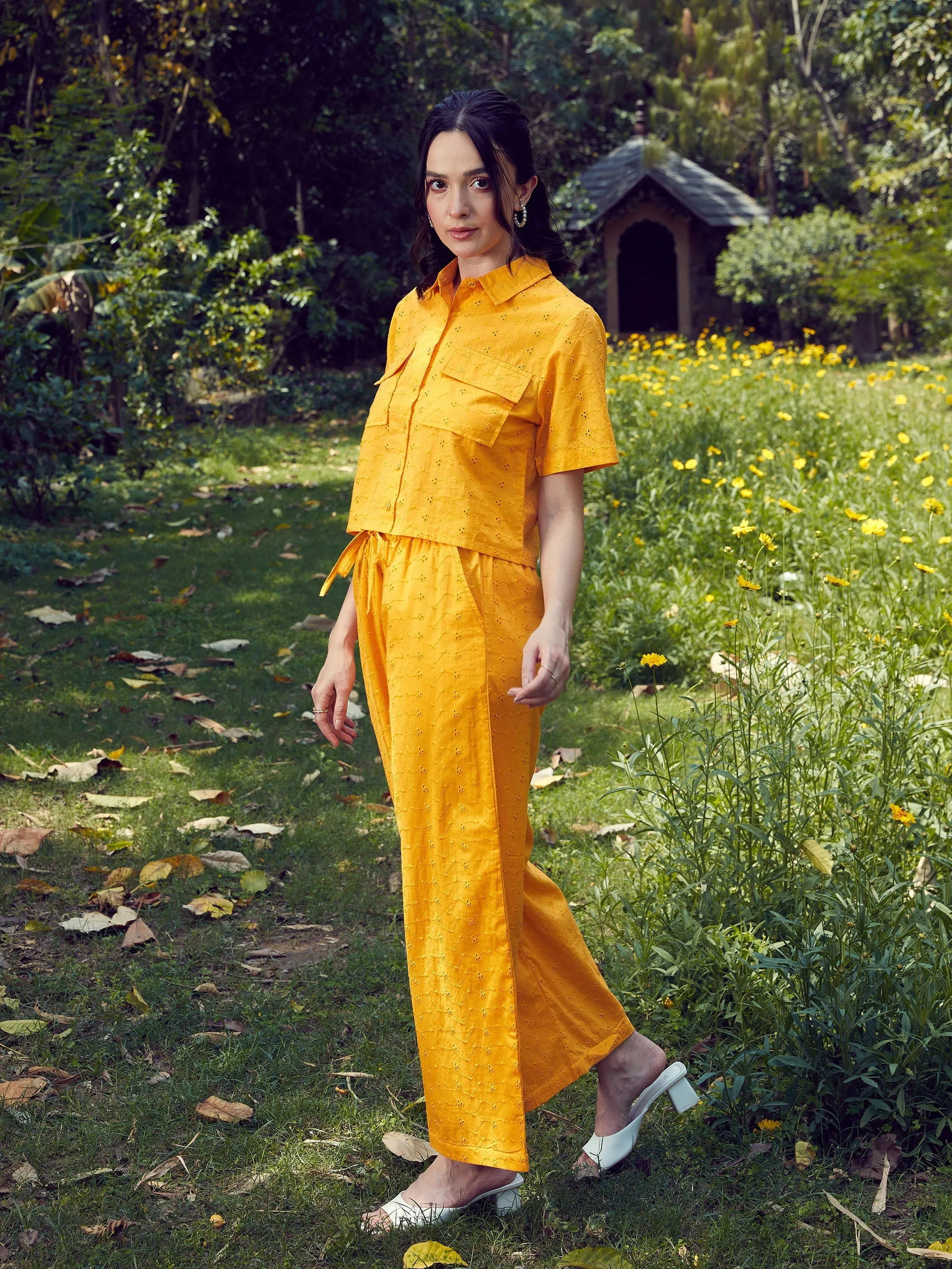 Women Mustard Schiffli Crop Shirt With Wide Leg Pants