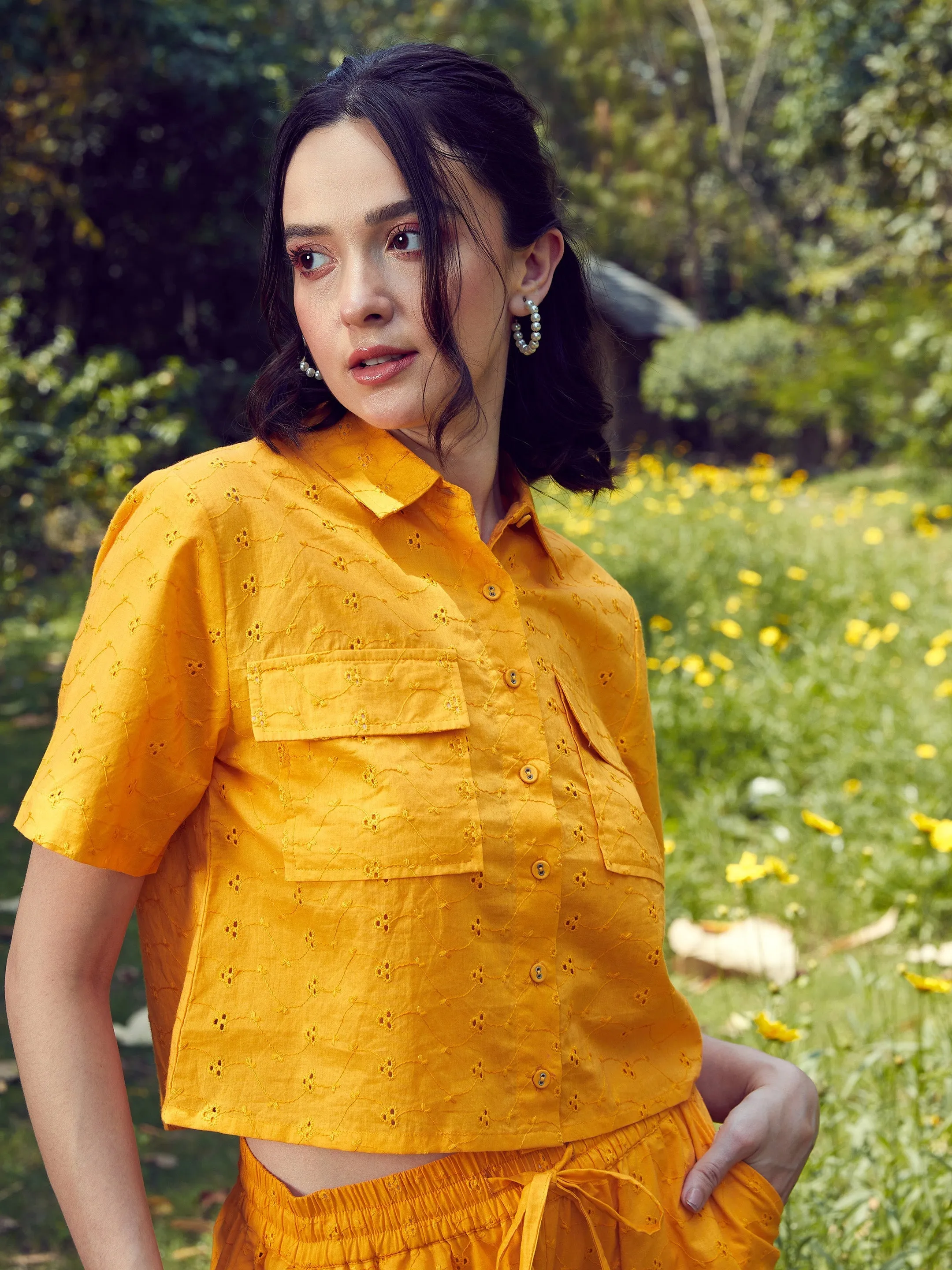 Women Mustard Schiffli Crop Shirt With Wide Leg Pants