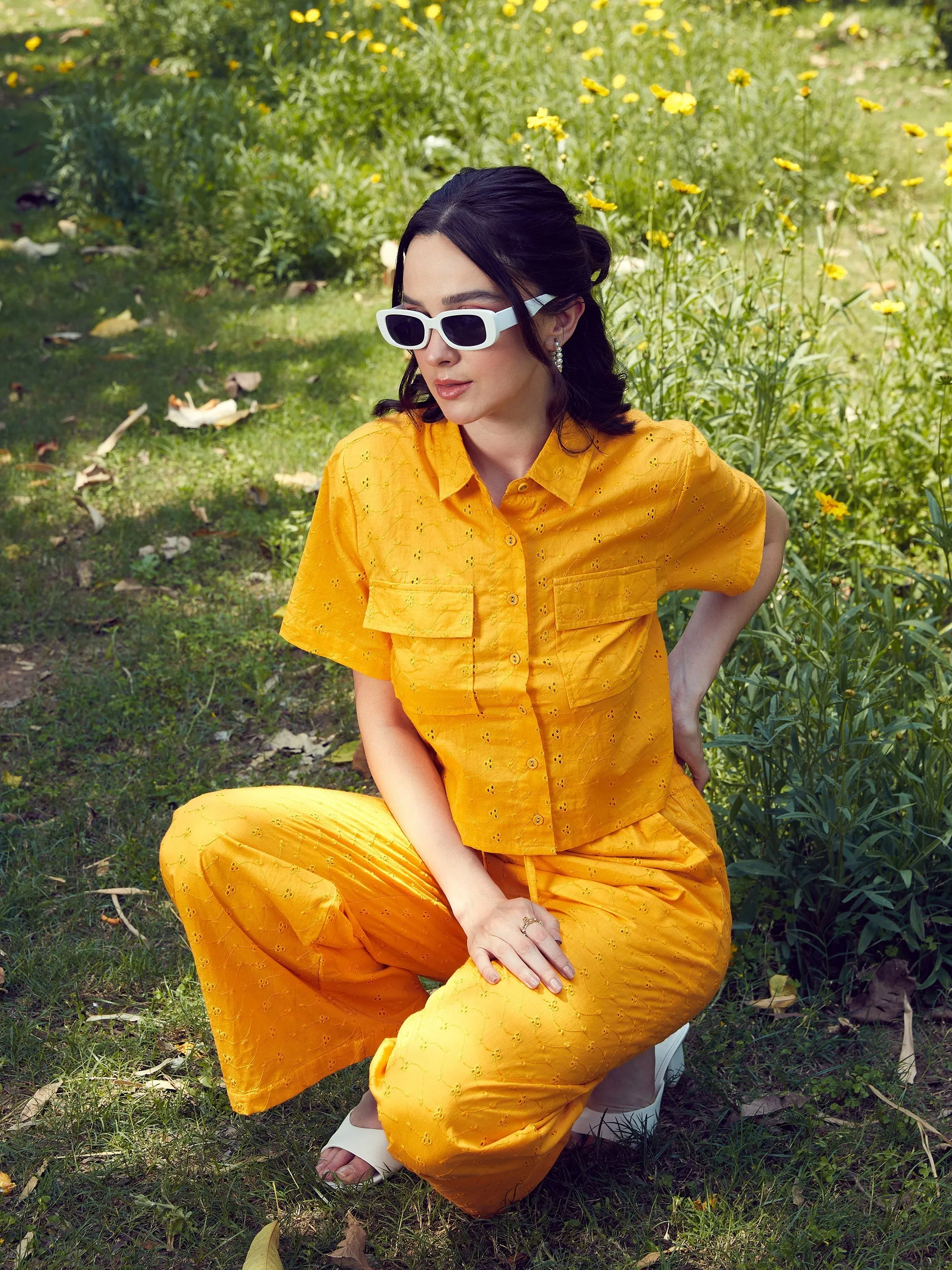 Women Mustard Schiffli Crop Shirt With Wide Leg Pants