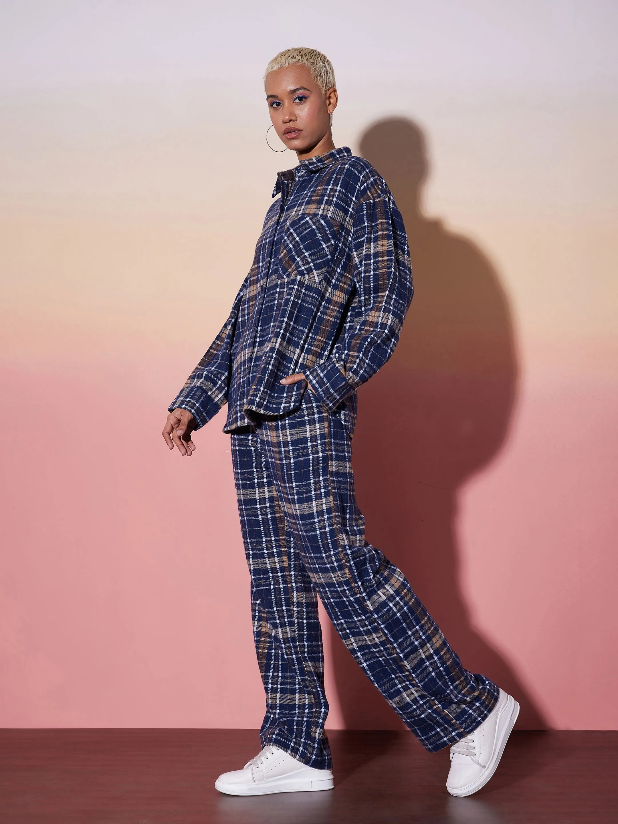 Women Navy & White Check Shirt With Lounge Pants