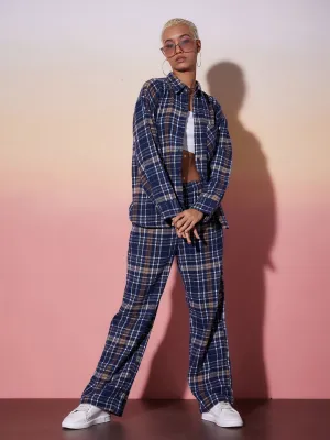 Women Navy & White Check Shirt With Lounge Pants