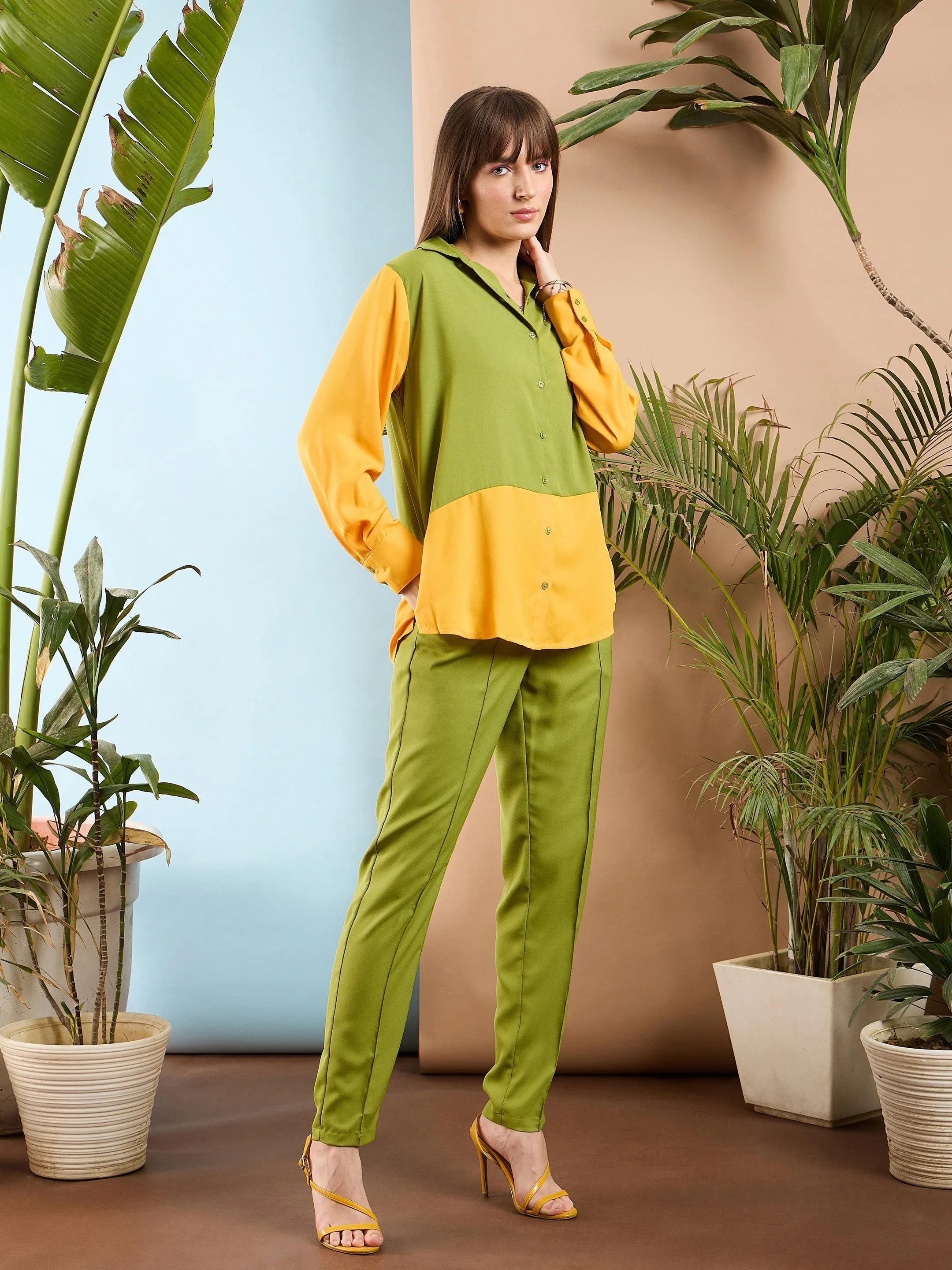 Women Olive & Yellow Colorblock Shirt With Darted Pants