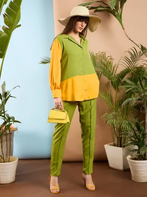 Women Olive & Yellow Colorblock Shirt With Darted Pants