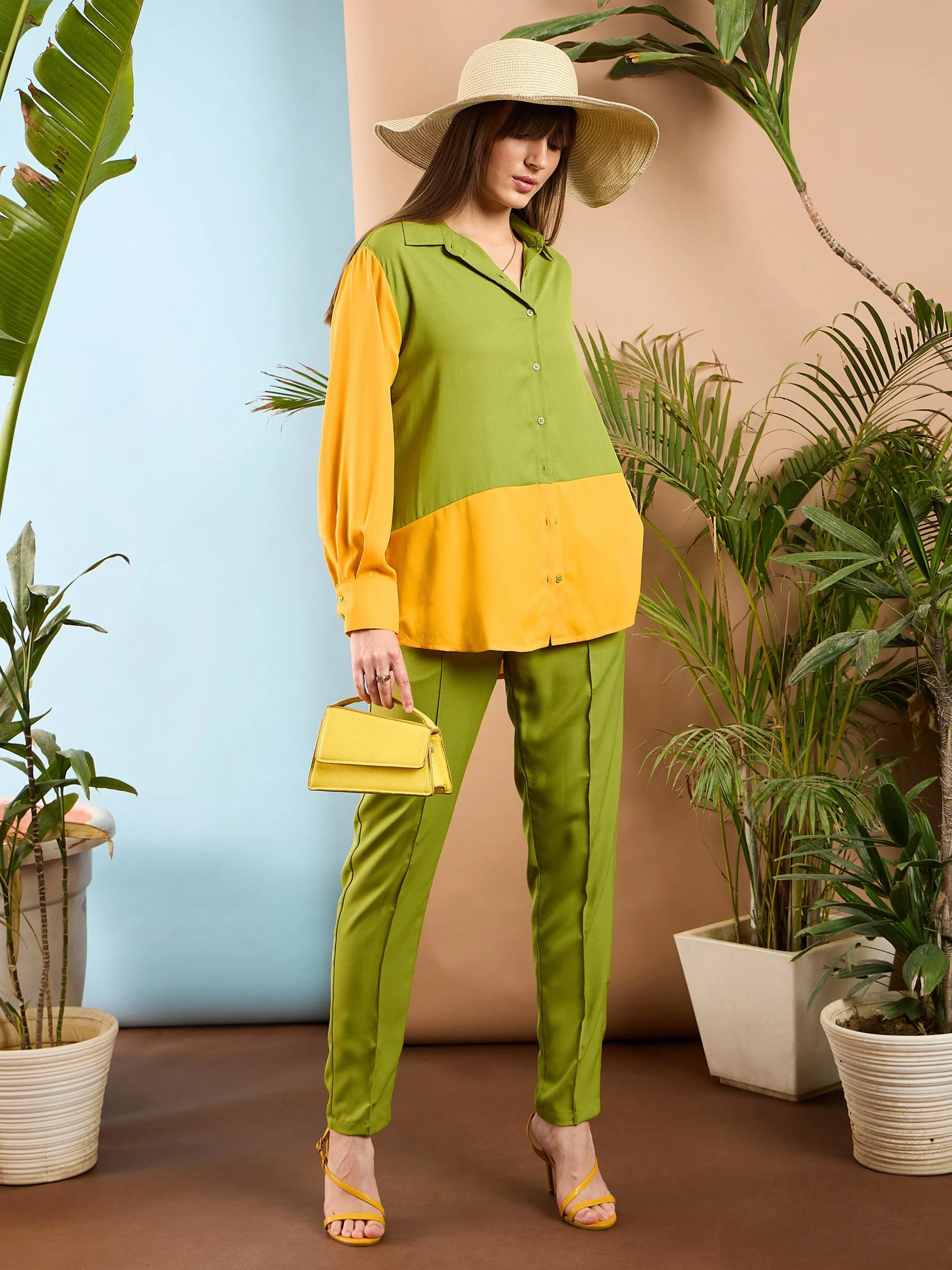 Women Olive & Yellow Colorblock Shirt With Darted Pants