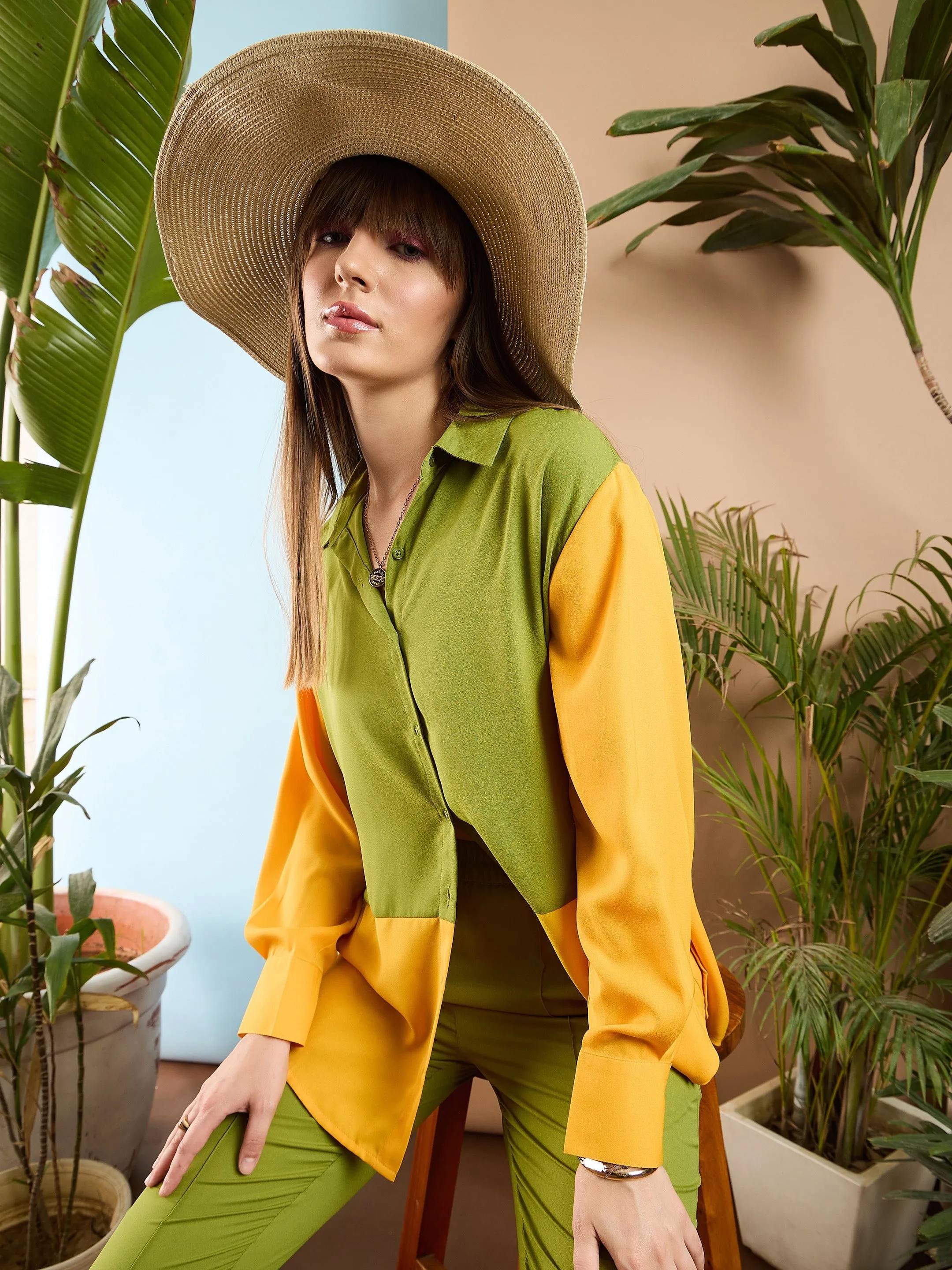 Women Olive & Yellow Colorblock Shirt With Darted Pants