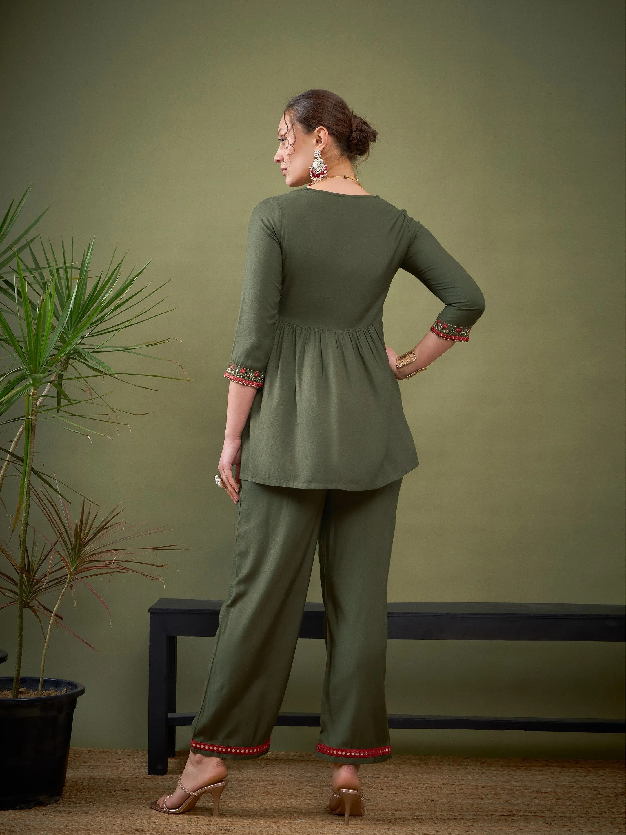 Women Olive Peplum Embroidered Top With Palazzos