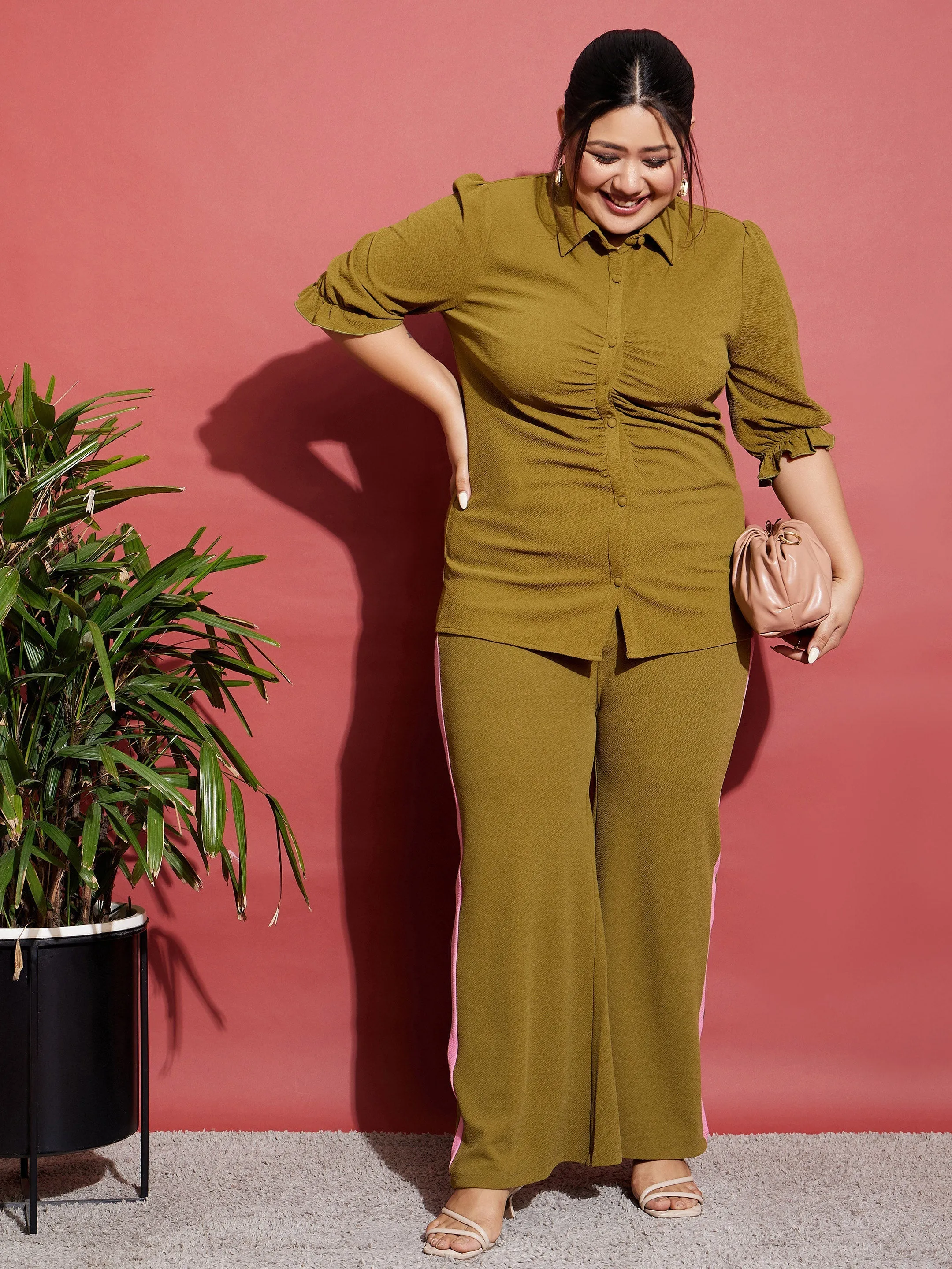 Women Olive Ruched Shirt With Side Tape Pants