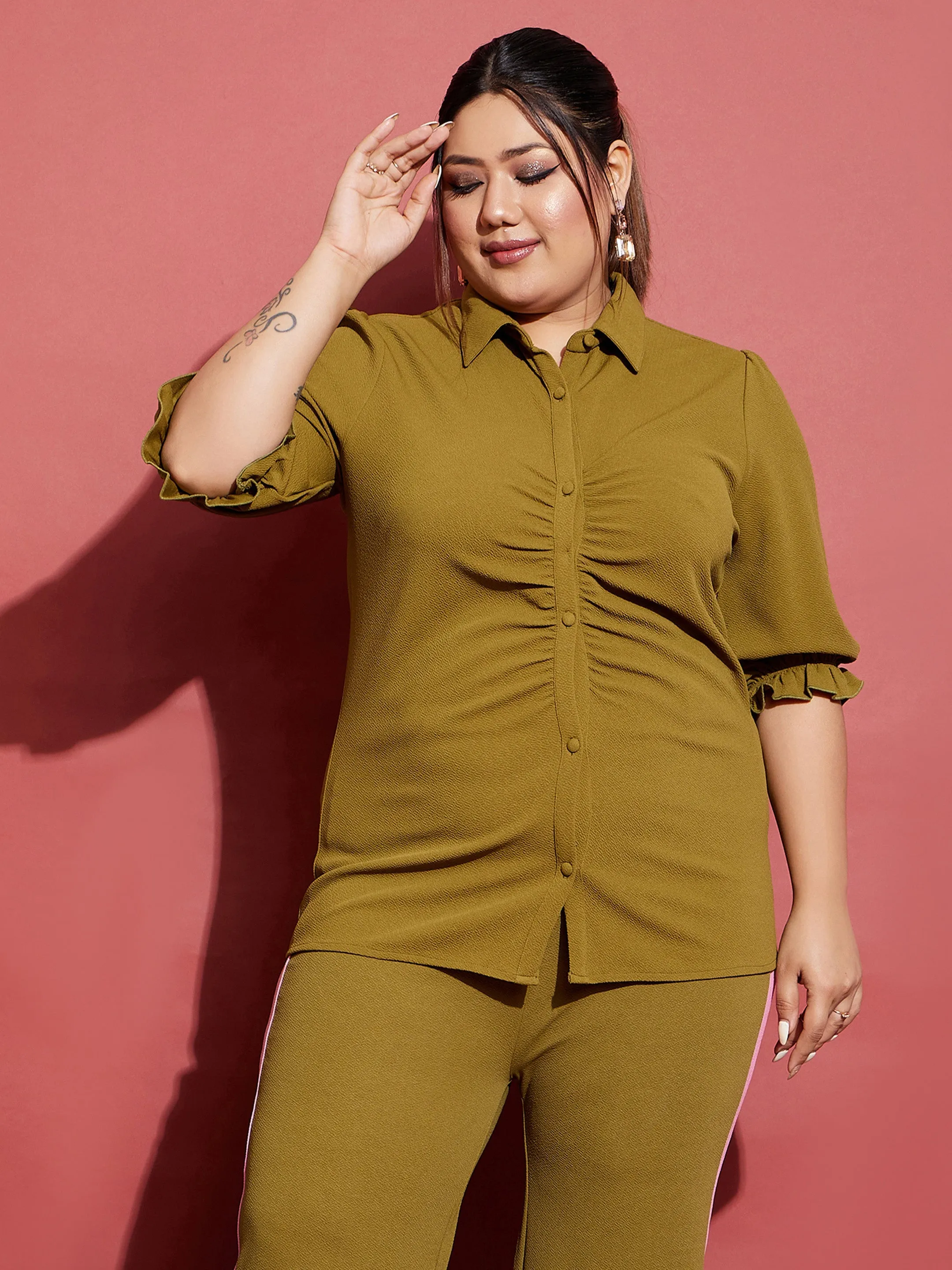 Women Olive Ruched Shirt With Side Tape Pants