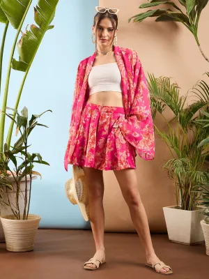 Women Pink Floral Kimono Shrug With Shorts