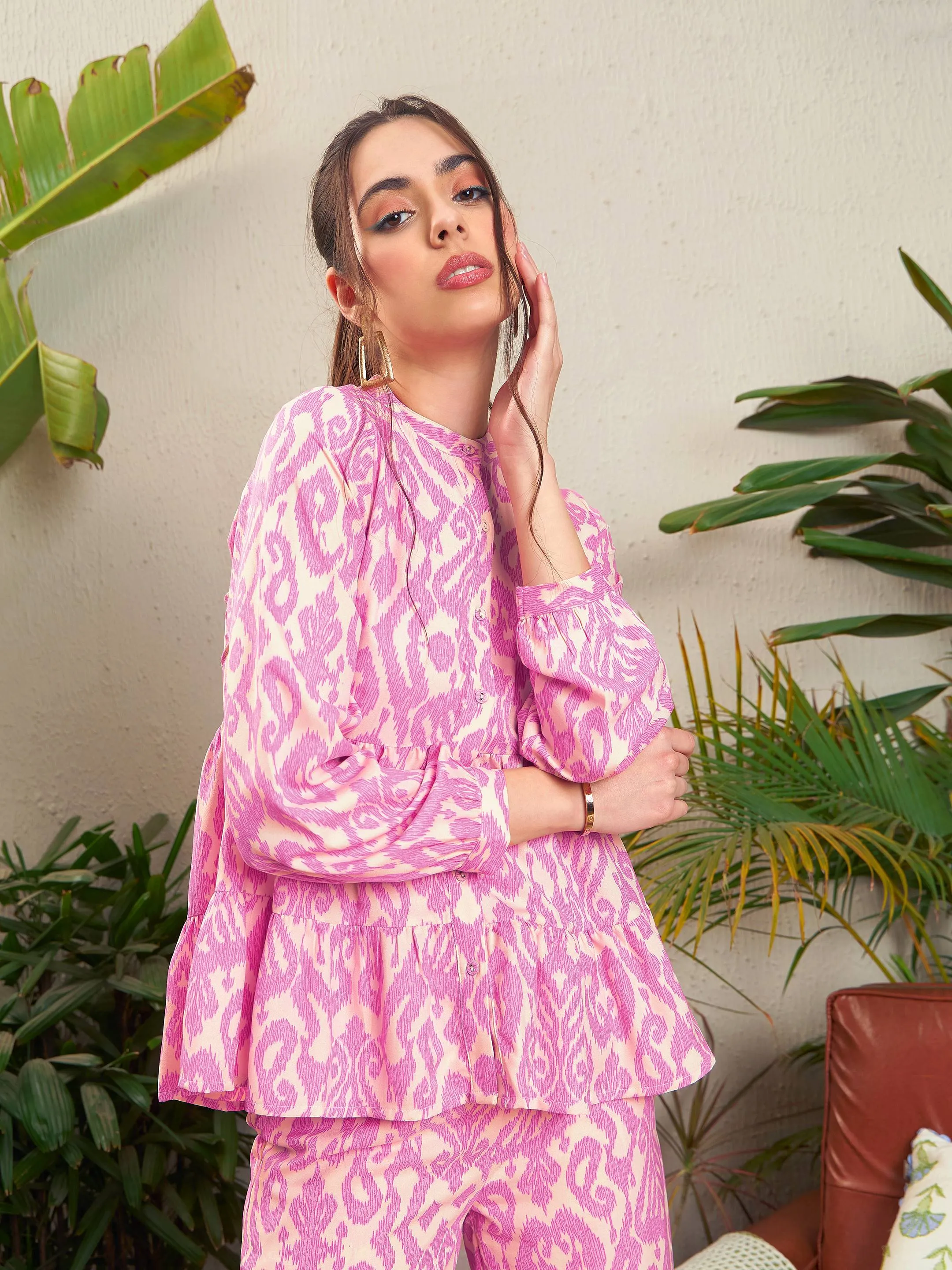 Women Pink Ikat Tiered Shirt With Palazzo Pants