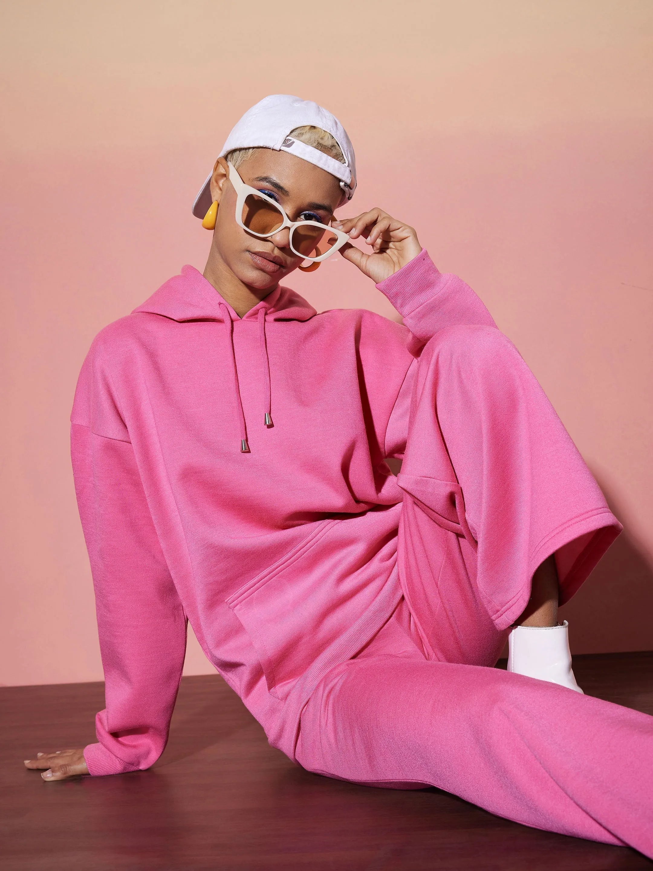 Women Pink Oversize Hooded Sweatshirt Wide Leg Pants